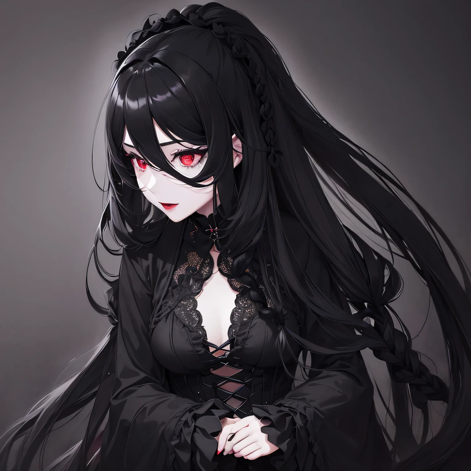 1 girl,Depp's Sense,confused,catch light,Super beautiful illustration,(black color,long hairstyles:1.6),turn around,Dark black eyeshadow,bright red lipstick,Gothic Lolita,Upper body,;d,beautiful and delicate flowing hair,delicate and detailed red eyes,emphasized chest,big breasts