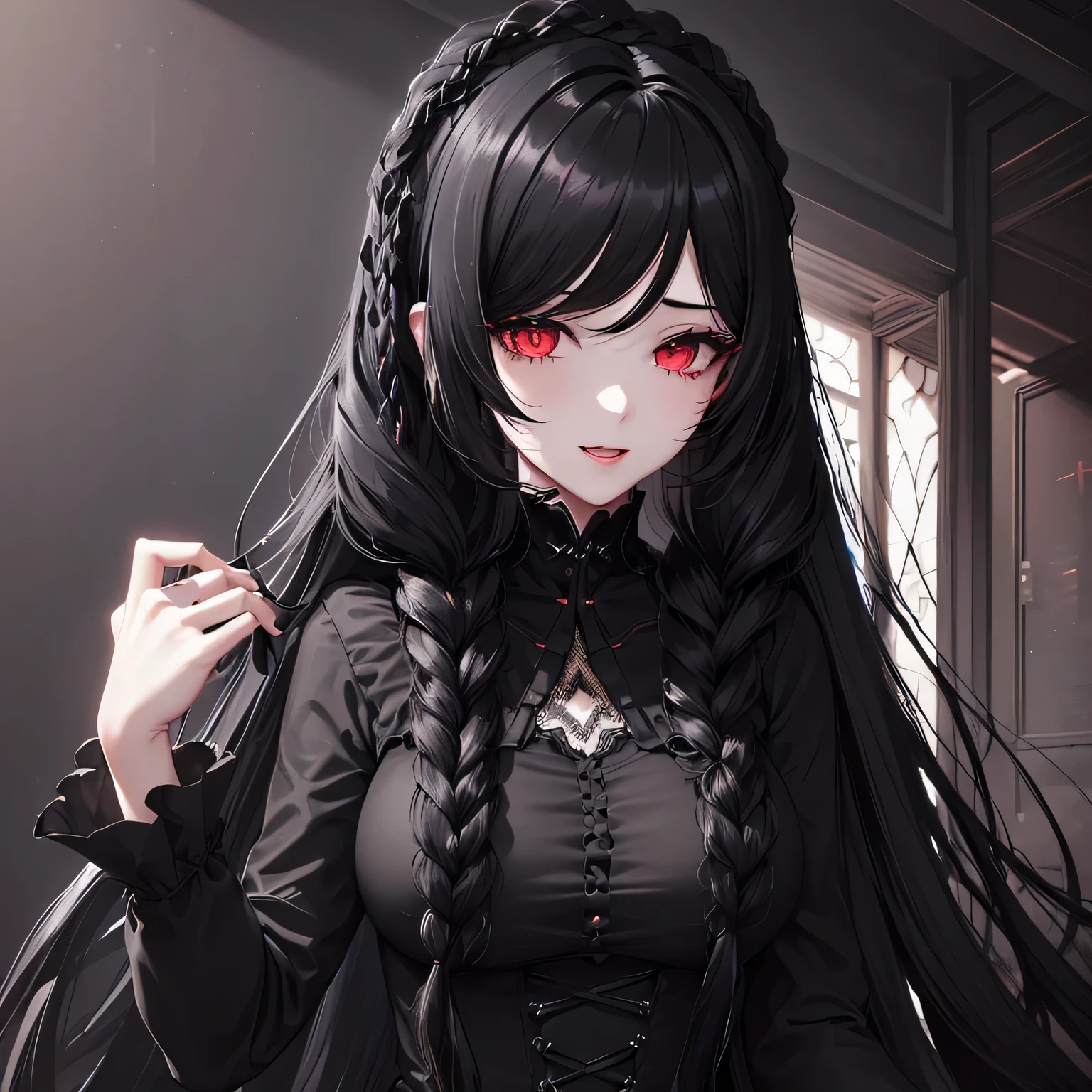 1 girl,Depp's Sense,confused,catch light,Super beautiful illustration,(black color,long hairstyles:1.6),turn around,Dark black eyeshadow,bright red lipstick,Gothic Lolita,Upper body,;d,beautiful and delicate flowing hair,delicate and detailed red eyes,emphasized chest,big breasts