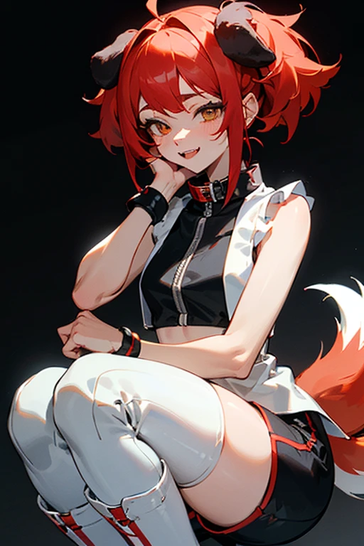 (Masterpiece: 1.5, best quality, high resolution: 1.3, super resolution, super detailed, ultra detailed: 1.3, rich background: 1.2, 1 woman)) pale skin + red hair + hair messy + amber + eyelashes long and red + feminine body + medium chest + wide hips + fangs + ears and puppy tail (sleeveless neoprene top, high shorts, thigh-high stockings, detailed high boots, dog collar on her neck) ((smile shy, sitting squat, black background with white gradient)) (colors for clothing and accessories: silver, black, white, cream, red)
