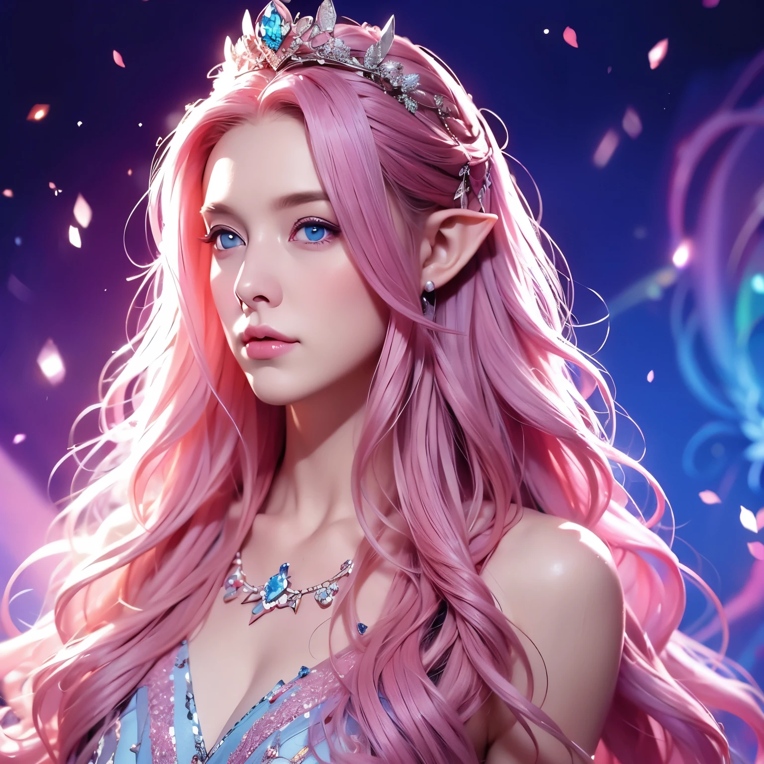 Woman, long curly hair, pink hair, blue eyes, elf, crown, empress, queen, magic background