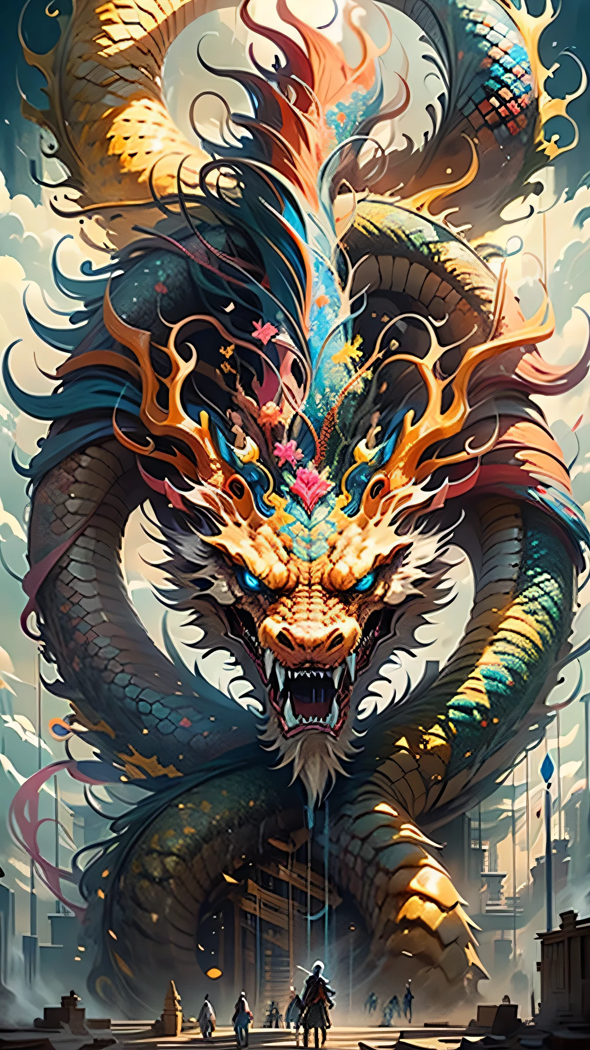 最OK品质，masterpiece，ultra high resolution，no humans，（long：1.2），（finely：1.2），Chinese Golden Red Dragon，long hair，fangs，blue eyes，teeth，cloud，Bania，from behind，armor，sky sky，open mouth，faceoff，Gather strength，size difference，white hair，buliding，OK，（The texture is very real：1.2），（Glowing colorful scales：1.2），（Real details：1.2），（[Street|side]：1.1），Ultra-detailed 3D modeling，like tim burton、dale chihuly、Xiaolongcheng、Other authors include Cyril Rolando and Jr.. Giger style paintings are equally magical。Light and shadow intertwined，Create brilliant results。