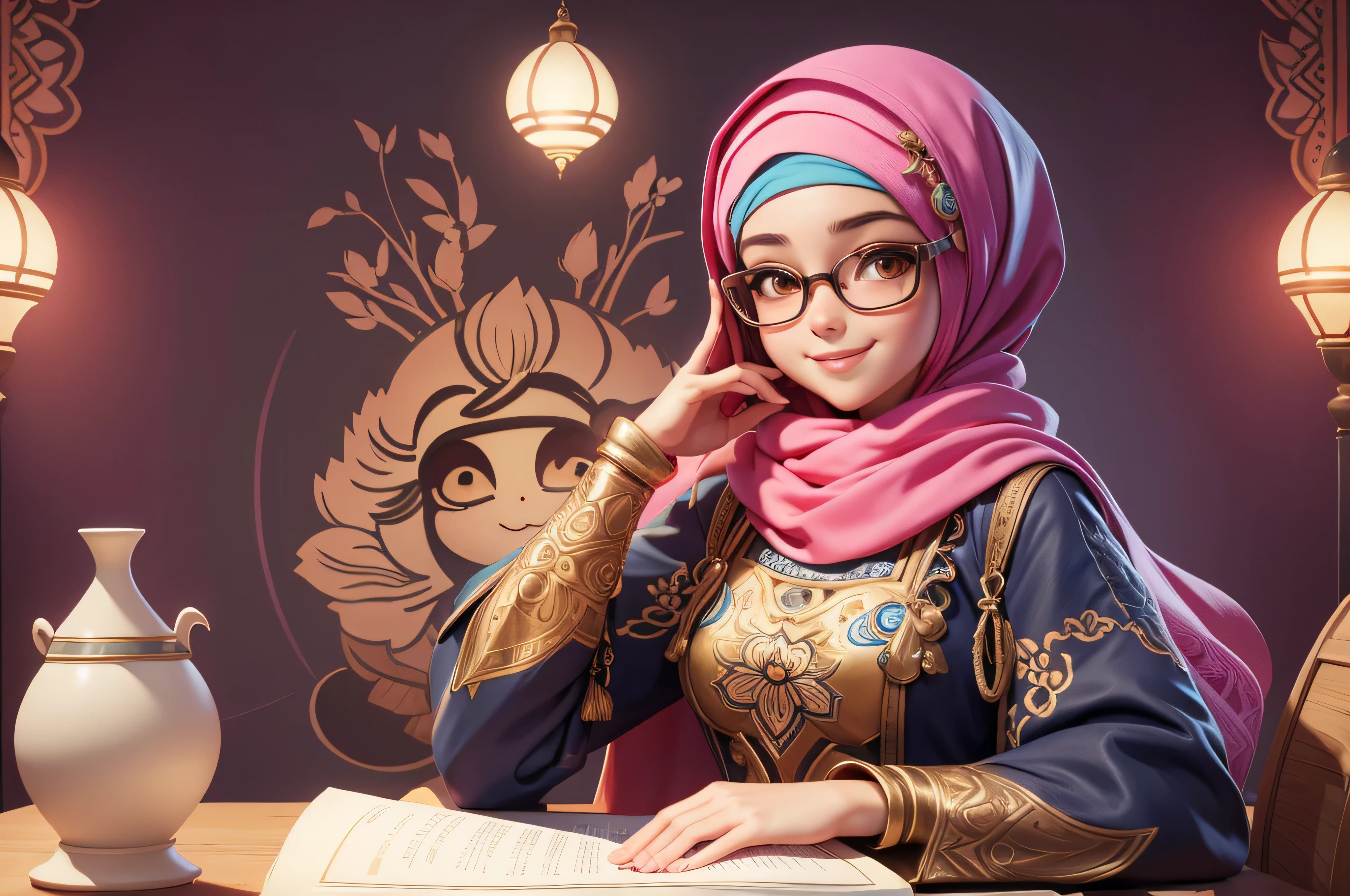there is a girl that is looking at a laptop computer, wearing PINK hijab , adorable digital painting, artwork in the style of guweiz, cute digital art, cute detailed digital art, guweiz, digital anime illustration,beautiful digital artwork, realistic portrait, butufal ,4 k , A young moroccan girl with glasses sits at her desk,rich details,the soft light,tmasterpiece,K HD illustration,SMILING FACE , FLOWERS ON HER DISK ,Very detailed facial features and cartoon-style visuals。moroccan decoration on the wall background, moroccan style like this emage, light background, perfict fingers , proprite dress , full coverd budy