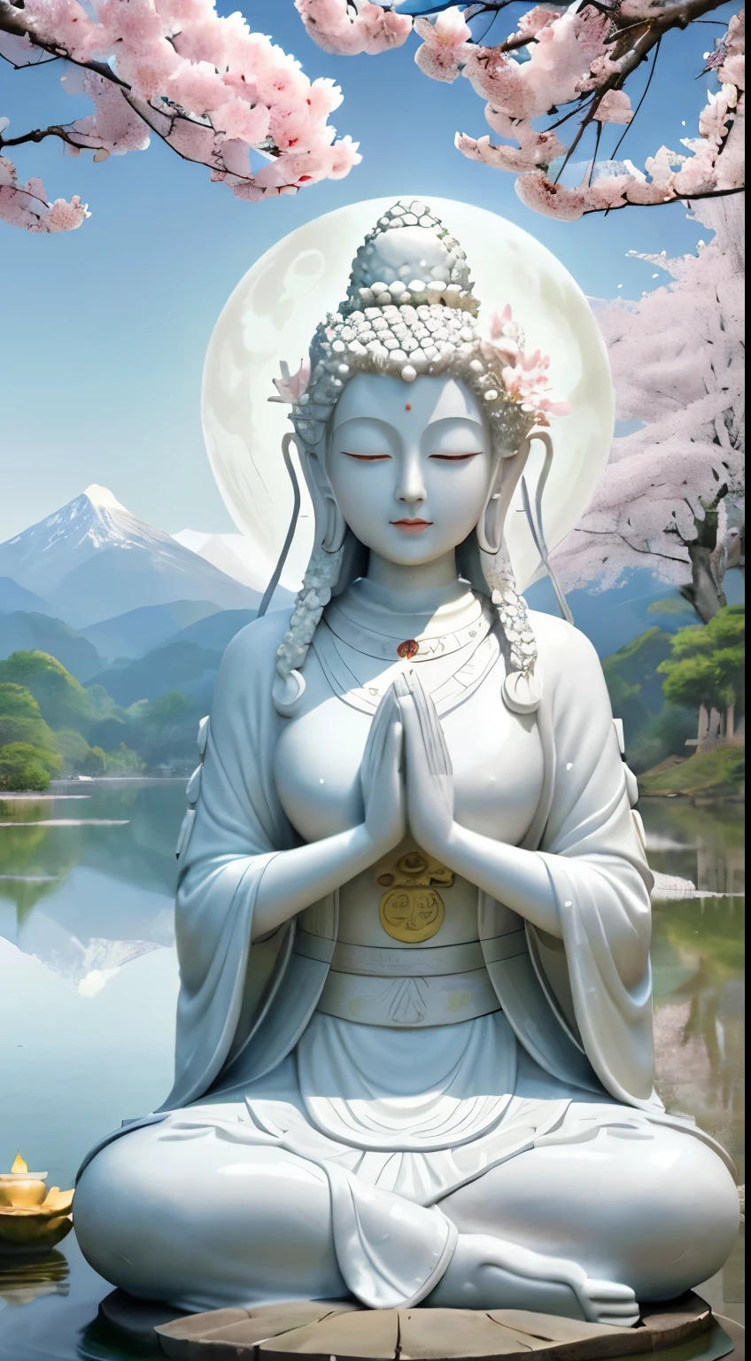 (masterpiece),(highest quality),(super detailed), (Buddha statue), (body:1.2), 1 guanyin, guanyin, One, Hand Cloth, cross One's hands, put your hands together, bright white, floating in a powerful zen state, with lotus flowers, white skin, Amitayus, sitting on a lotus flower, Holding hands and chanting the Buddha's name, huge moon, temple, Wearing clothes, white skin, round face, kind, kind, look, Mountain, wood, cherry blossoms, forest, bird, cloud, dew, green, white skin, white pink, (beautiful detailed face), (surrealism), (close your eyes),