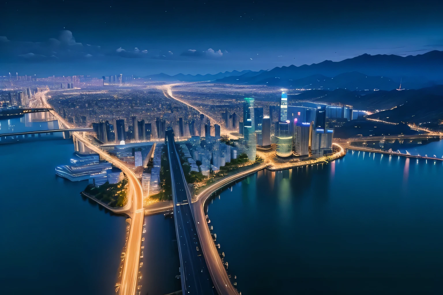 a view of a City at night with a bridge over the water, baotou china, Hangzhou, City, Shenzhen, very beautiful!! aerial shot, night, drone view of a City, at night, nice images, at night拍摄, night的风景, Guangjian, beautiful City of the future, overhead shot, by Liu Haisu
