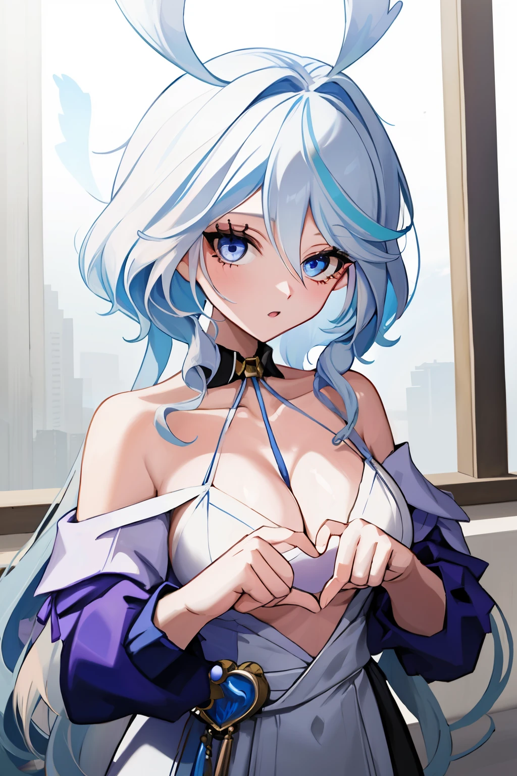 Furina,1girl,solo,long hair,ahoge,blue eyes,white hair,blue hair,bangs, off shoulder, collar bone, cleavage, look at viewer, perfect fingers, heart hands, own hands together