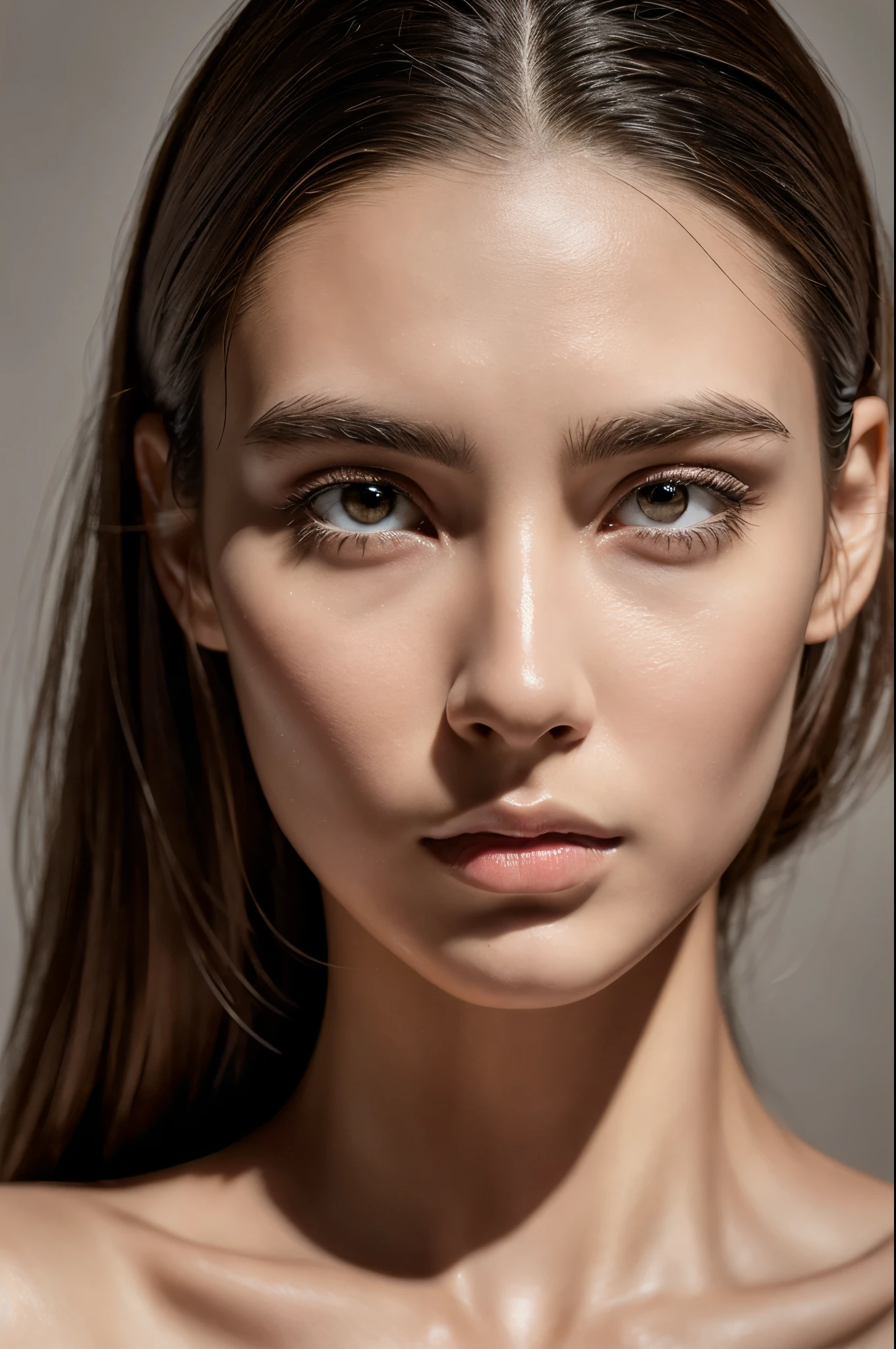 (best quality,ultra-detailed,realistic:1.37),portrait,deeply carved face,detailed eyes,contoured cheekbones,sharp facial features,vibrant skin tone,symmetrical face,long thick eyelashes,high-resolution image,studio lighting,colorful background,intense gaze,artistic brush strokes,subtle shadows,highly textured hair,expressive eyebrows,natural lighting,subtle highlights,soft focus,emotional portrayal,meticulous attention to detail,beautifully crafted,Natural Skin texture,light and shadow contrast,dramatic lighting,long flowing hair,impeccable skin tone,hyper-realistic rendering,striking facial expression,wisdom and resilience,penetrating eyes,emotive portrayal,polished finish,finely etched facial contours,life-like rendering,nude