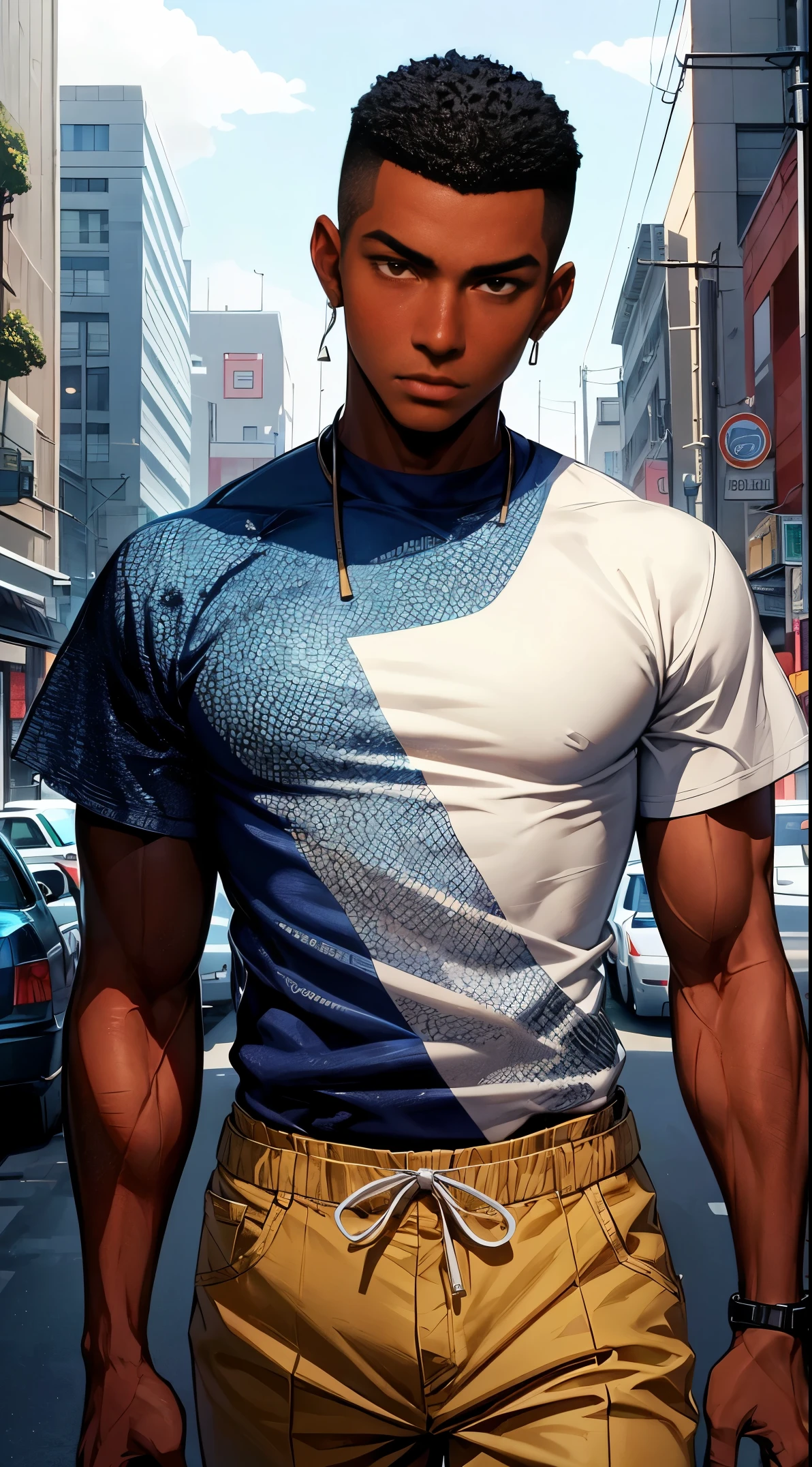 (best quality:1.1),original, 1man,  A handsome man with dark skin, African American man with natural hair, short hair, buzz cut, broad shoulders, tall, dressed in blue urban clothes, cartoon，anime illustrations, style is abstract beauty, Sundaratang, charming character illustrations, folklore  --ar 2:3 --v 6.0 