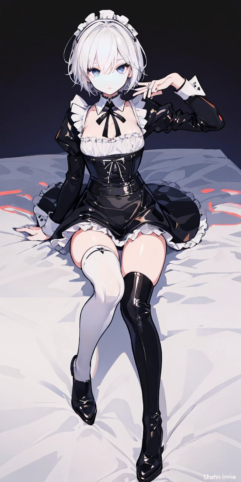 White hair , short hair, pinched eyes, (big-:1.5), Thin legs, thin body, leather collar, Maid outfit victorian, dynamic pose, full body, view from below, wide hips, kneel on the sheet in bed