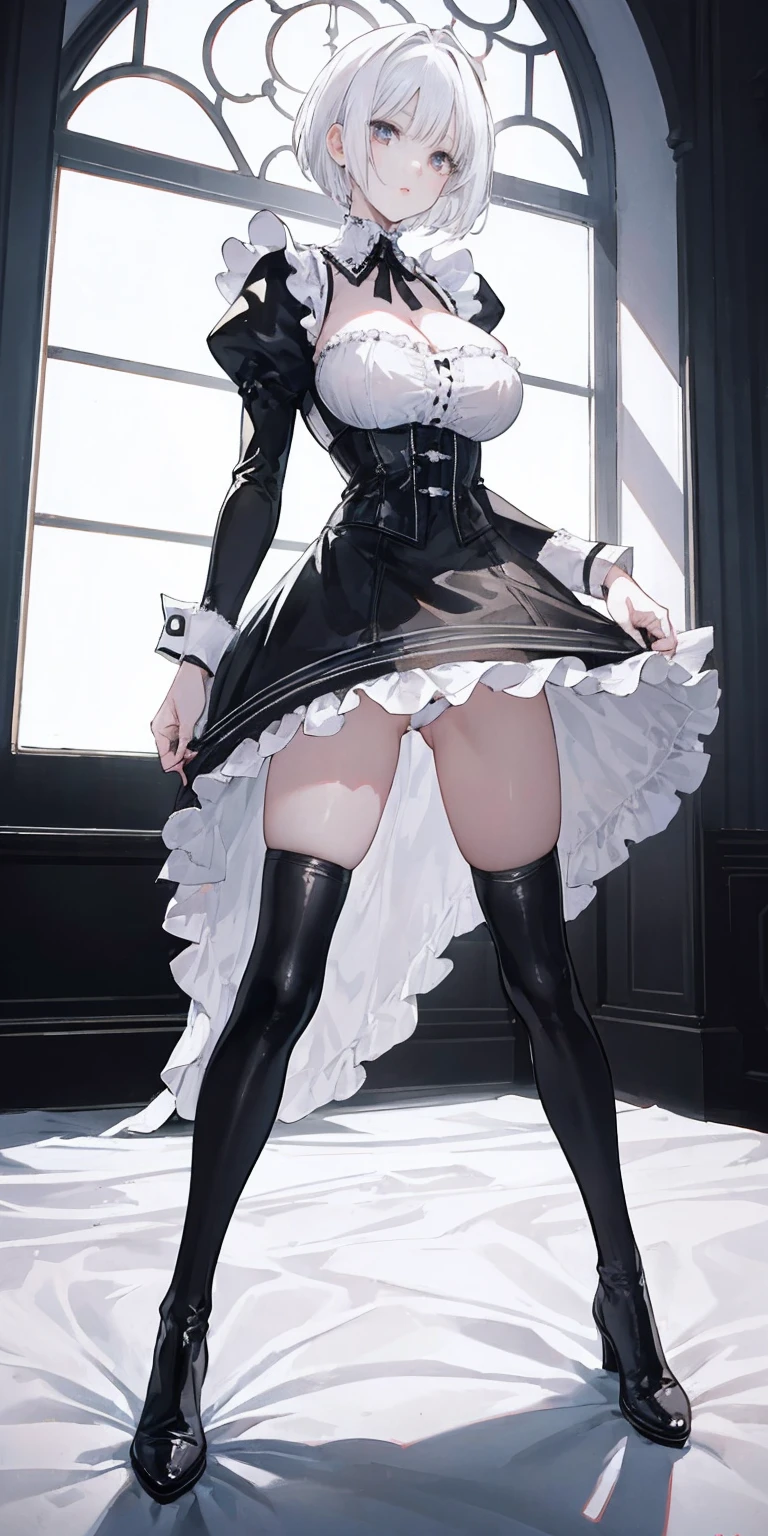 White hair , short hair, pinched eyes, (big-:1.5), Thin legs, thin body, leather collar, Maid outfit victorian, dynamic pose, full body, view from below, wide hips, kneel on the sheet in bed