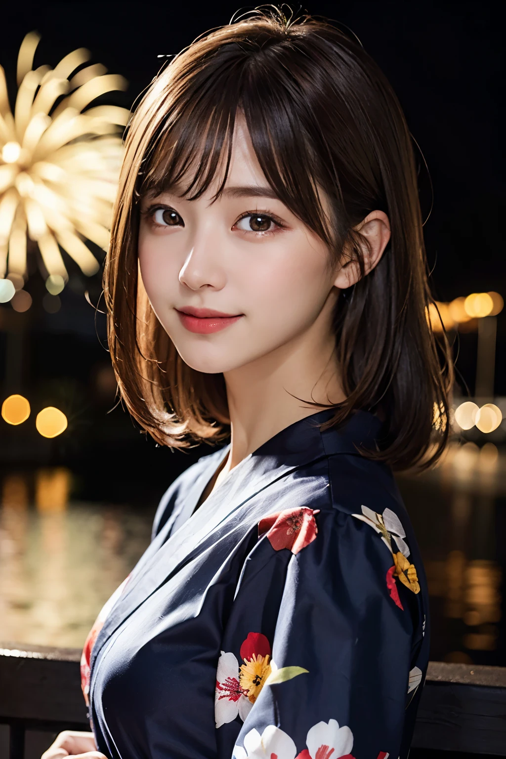 (8K、Raw photography、top-quality、masterpiece:1.2)、(realisitic、Photorealsitic:1.37)、ultra-detailliert、超A high resolution、1人、see the beholder、beautifull detailed face、A smile、Constriction、(Slim waist) :1.3)、Japanese Yukata、Beautiful detailed skin、Skin Texture、Floating hair、Professional Lighting、Fireworks Venue、Whole human body、Brown hair