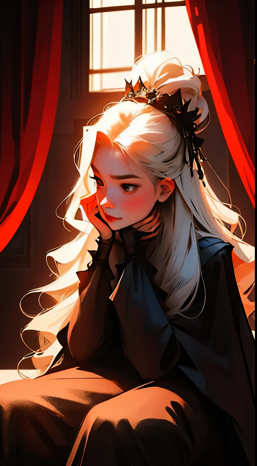 dirty blond haired girl wearing a black gown with ruffles with lifeless round eyes sitting on a throne, hair falling over her shoulders with red royal background, no emotion, shadowy, badass vibe, edgy, dark, dark background with a window on the left, sharp colouring