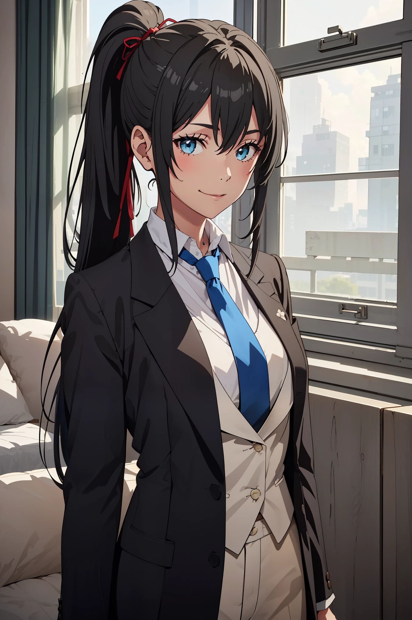 ((best quality)), ((masterpiece)), (detailed) 1girl 1girl, ;\), blurry, blurry_background, breasts, , hair_ponytail ribbon, looking_at_viewer, ok_sign, one_eye_closed, open_hand, Yukinoshita Yukino ,Woman wearing formal clothes, An attractive coat stands in a large gap in the room , 1girl, 独奏, blue necktie, Black hair, eyes blue, long hair, smile , collared shirt, white pants, white shirt , Elegantly designed coat , Stand in front of a window ,Perfectly tailored tailcoat. It has a stunning Victorian design and is made of lustrous fabric , soft thighs , full body