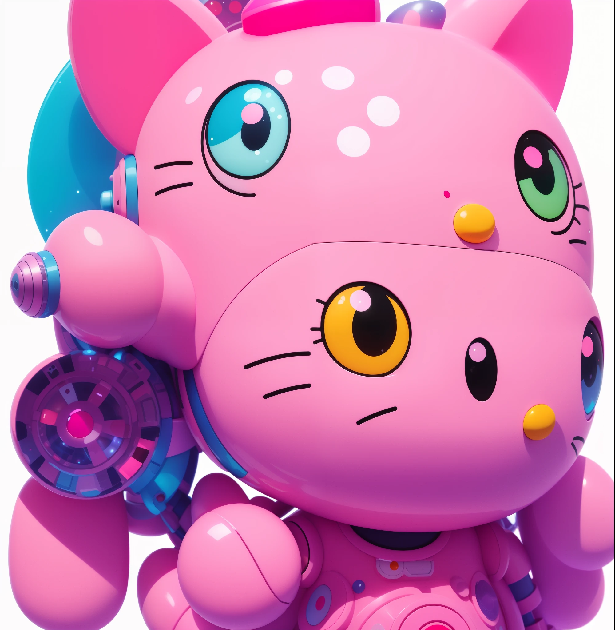 Close-up of Hello Kitty figure in pink costume, Beeple and Jeremiah Ketner, Cute HQ rendering, Beeple and James Jean, detailed cosmic angelic robot, pink iconic character, inspired by Takashi Murakami, Beeple's Style Hybrid Mix, style of takashi murakami, takashi murakami art style, sanrio