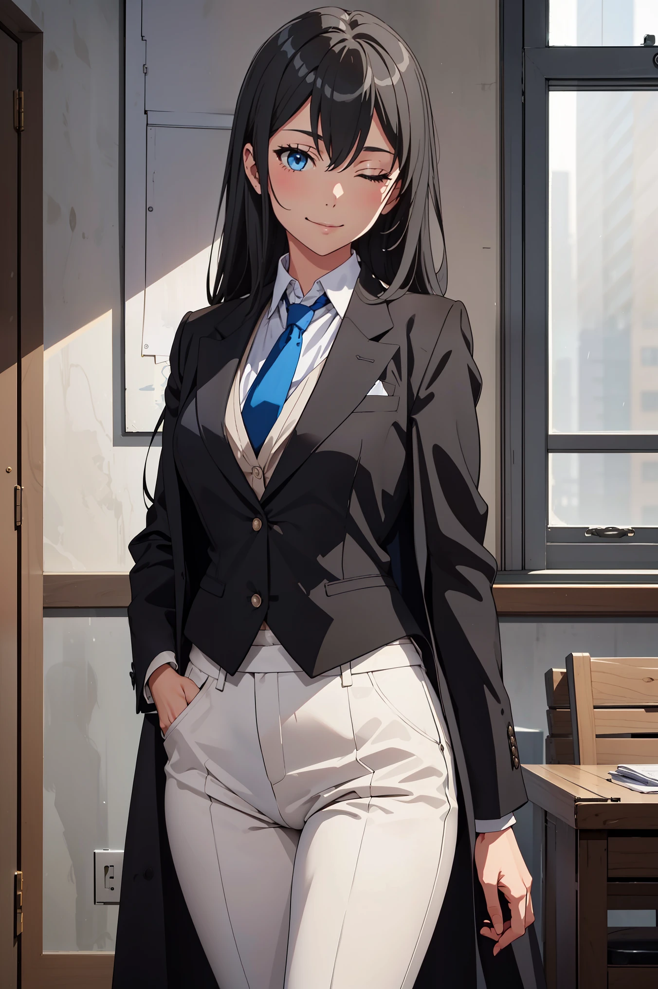 ((best quality)), ((masterpiece)), (detailed) 1girl 1girl, ;\), blurry, blurry_background, breasts, , hair_long , looking_at_viewer, ok_sign, one_eye_closed, open_hand, Yukinoshita Yukino ,Woman wearing formal clothes, An attractive coat stands in a large gap in the room , 1girl, 独奏, blue necktie, Black hair, eyes blue, long hair, smile , collared shirt, white pants, white shirt , Elegantly designed coat , Stand in front of a window ,Perfectly tailored tailcoat. It has a stunning Victorian design and is made of lustrous fabric , soft thighs , full body