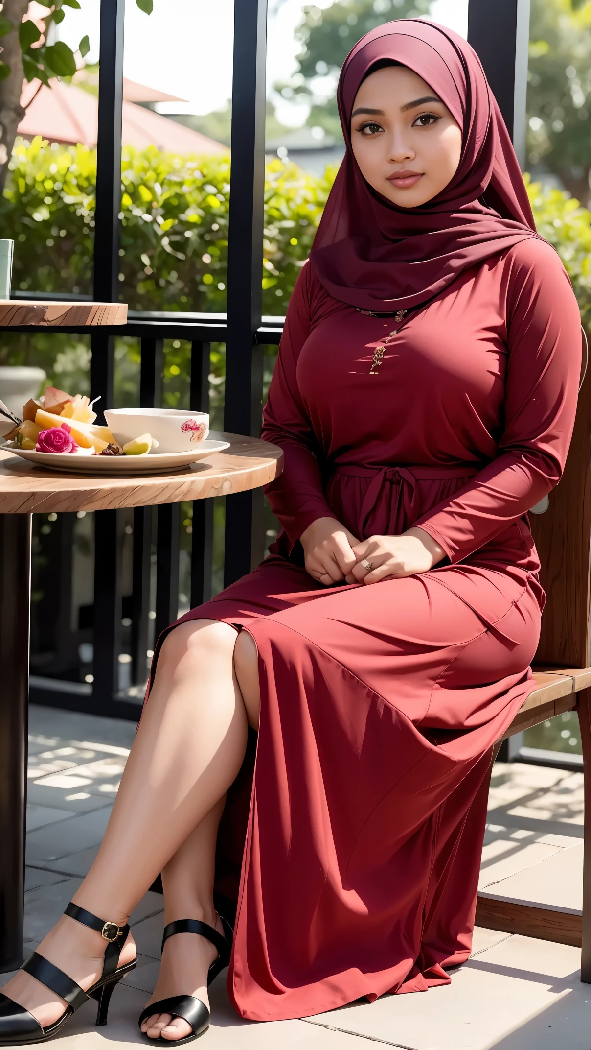 RAW, Best quality, high resolution, masterpiece: 1.3), beautiful Malay woman in hijab, Masterpiece, perfect fit body, big breasts, thick thighs, beautiful big eyes, Soft smile, muslim woman in a red dress sitting at a table with a girls in a black Flowers shirt, beutifull long skirt, (beautiful long skirt),beautiful female, lovely woman, wearing beautiful clothes, beautiful malay woman, hijab, gorgeous lady, beautiful lady, beautiful woman, beautiful malay woman, beautiful girl, malaysian, , leaked photo, pale-skinned malay girl, beutifull girl , City parks, Great lighting, Bright colors, Ultra realistic clean lines, very realistic