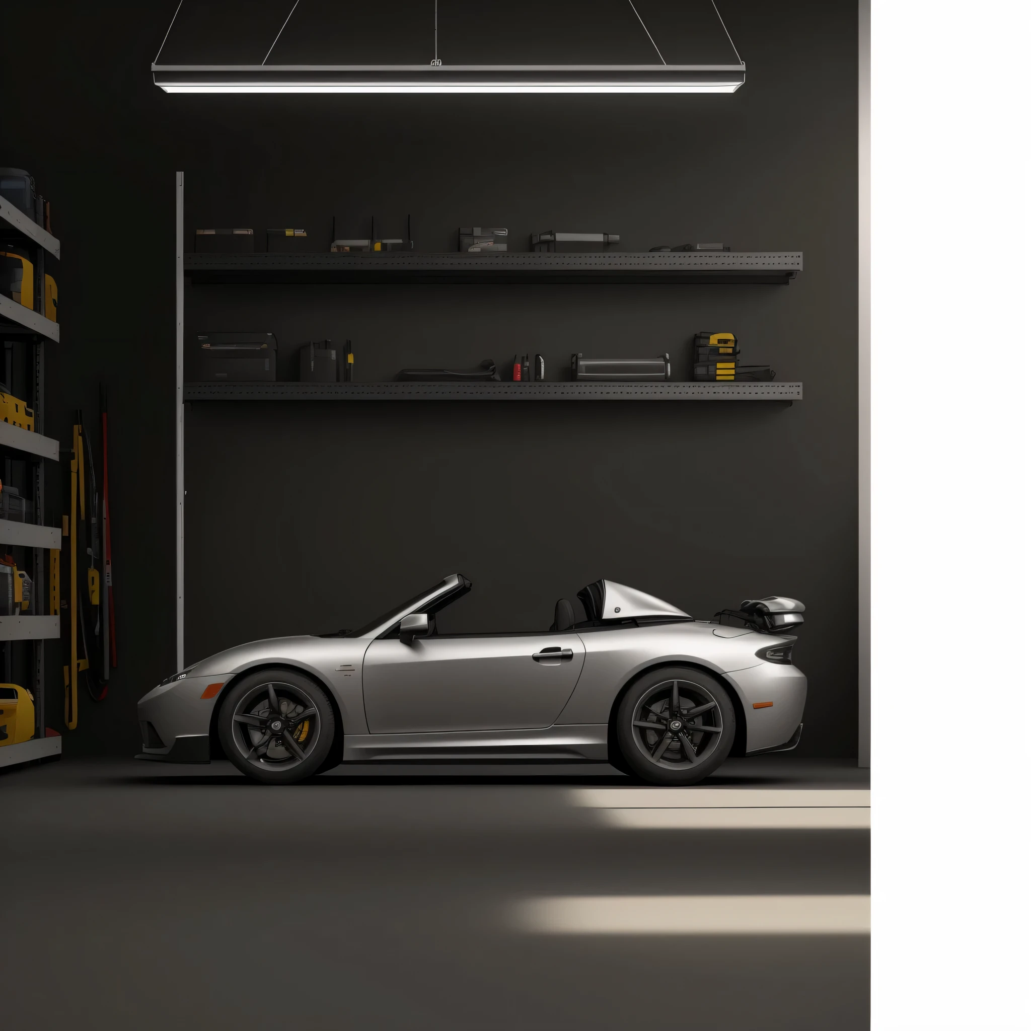 there are two tires on a shelf in a Tool room, Tool room, centered edge lighting, edge lighting, car garage, dramatic edge lighting, complementary edge lights, Tool room kit, 在car garage前面, rendering, top down lighting, beautiful edge lighting, symmetrical rim light, Rim Light and Caustics, overhead diffused lighting, lead, 3d 边缘光 3Drendering