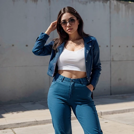 Mujer con ojos azules pantalones cortos,cabello corto usa lentes 