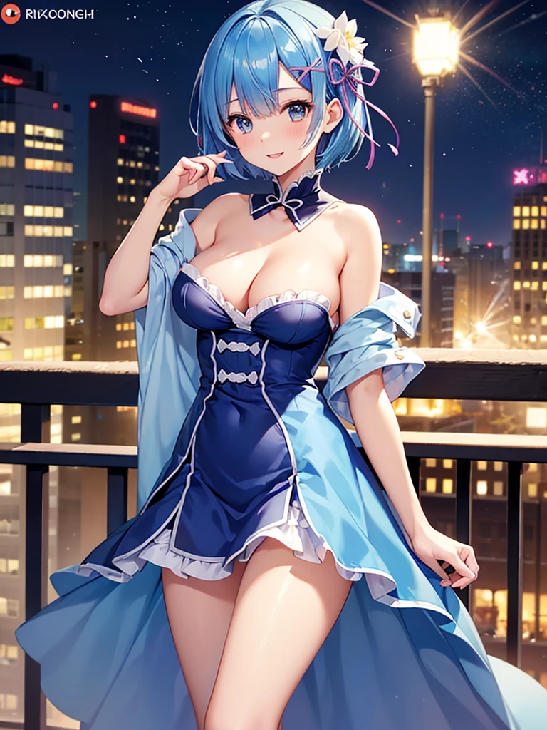 ((highest quality, 8K, masterpiece)),Rem(Re:zero),nice,good, Thumbs up,sharp focus: 1.2, cute beautiful woman with perfect body: 1.4, slim big breasts: 1.2, ((blue hair,short hair, big breasts: 1.2)),smile,happiness,後Light,Light , (small transparent dress, half naked, highly detailed chest, happinessな表情, Are standing: 1.2,mini skirt,cleavage), ((city night view, Balcony Simple: 1.3 Making of a woman)), Highly detailed face and skin texture, fine eyes,