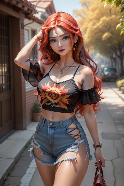 Flor de manzano, Solo, cabello rojo, pelo largo, ojos turquesa , adorable, Sonrisa, mirando al espectador, obra maestra, Mejor calidad, alta calidad , modelo americana , mlp , sunsent shimmer , hermosa chica adolesente , 15 years , chica alegre , ropa grunge