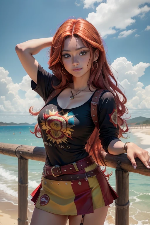 Flor de manzano, Solo, cabello rojo, pelo largo, ojos turquesa , adorable, Sonrisa, mirando al espectador, obra maestra, Mejor calidad, alta calidad , modelo americana , mlp , sunsent shimmer , hermosa chica adolesente , 15 years , chica alegre , ropa grunge