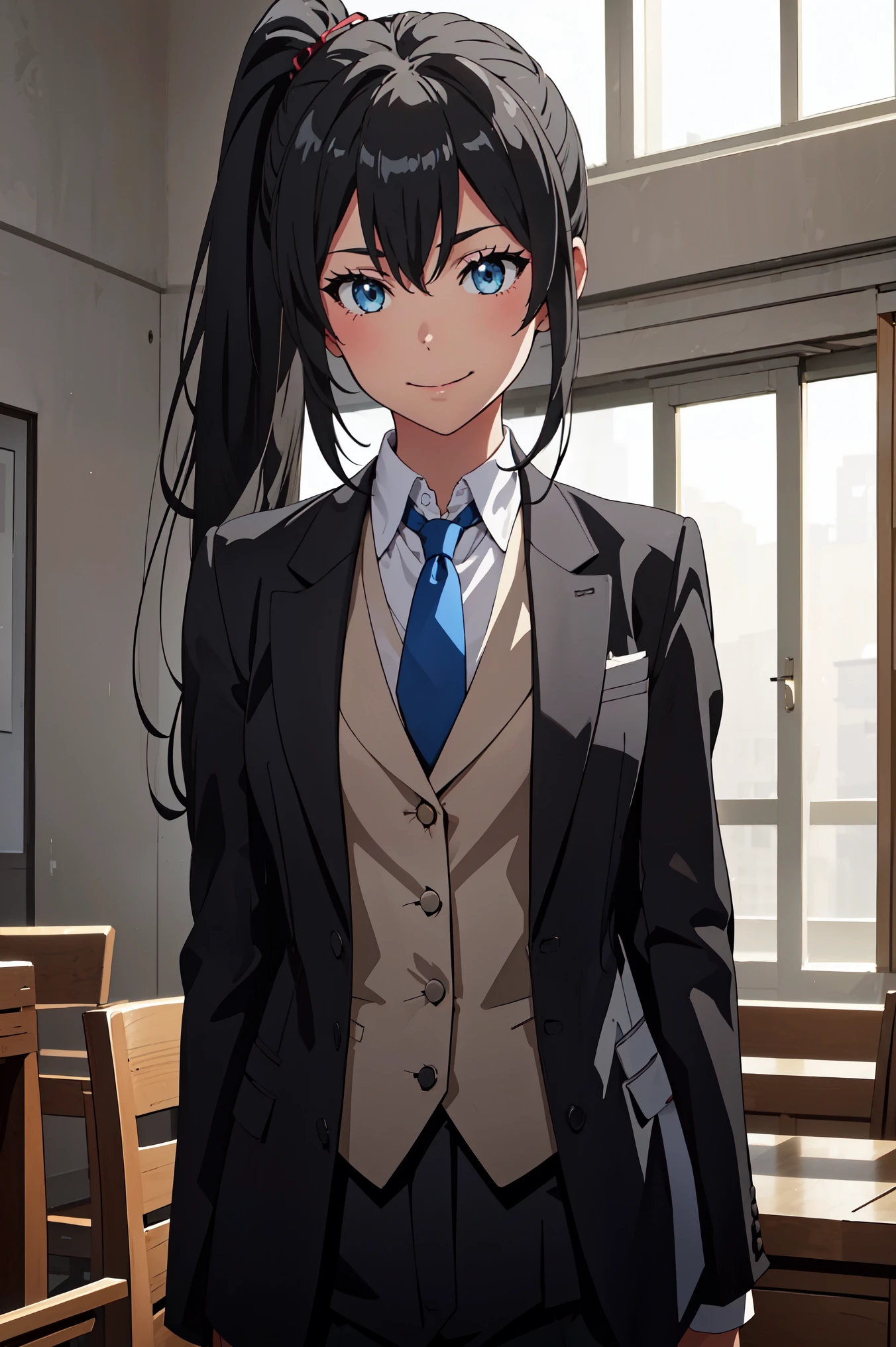 ((best quality)), ((masterpiece)), (detailed) 1girl 1girl, ;\), blurry, blurry_background, breasts, , hair_ponytail ribbon, looking_at_viewer, ok_sign, one_eye_closed, open_hand, Yukinoshita Yukino ,Woman wearing formal clothes, An attractive coat stands in a large gap in the room , 1girl, 独奏, blue necktie, Black hair, eyes blue, long hair, smile , collared shirt, white pants, white shirt , Elegantly designed coat , Stand in front of a window ,Perfectly tailored tailcoat. It has a stunning Victorian design and is made of lustrous fabric , soft thighs , full body