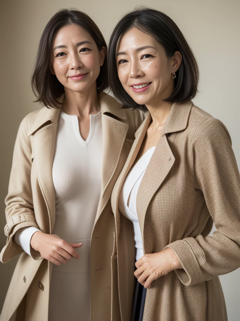 (masterpiece, highest quality), japanese mature, (alone), 60 years old, (wrinkles around the eyes:1.55), big breasts, mature woman, Glamour, Sexy, pure white skin, looking at the viewer、(super big breasts:1.28)、(short hair)、small diamond necklace、earrings、(((tailored jacket, tight skirt)))、short boots、smile、Public place、full body photo、
