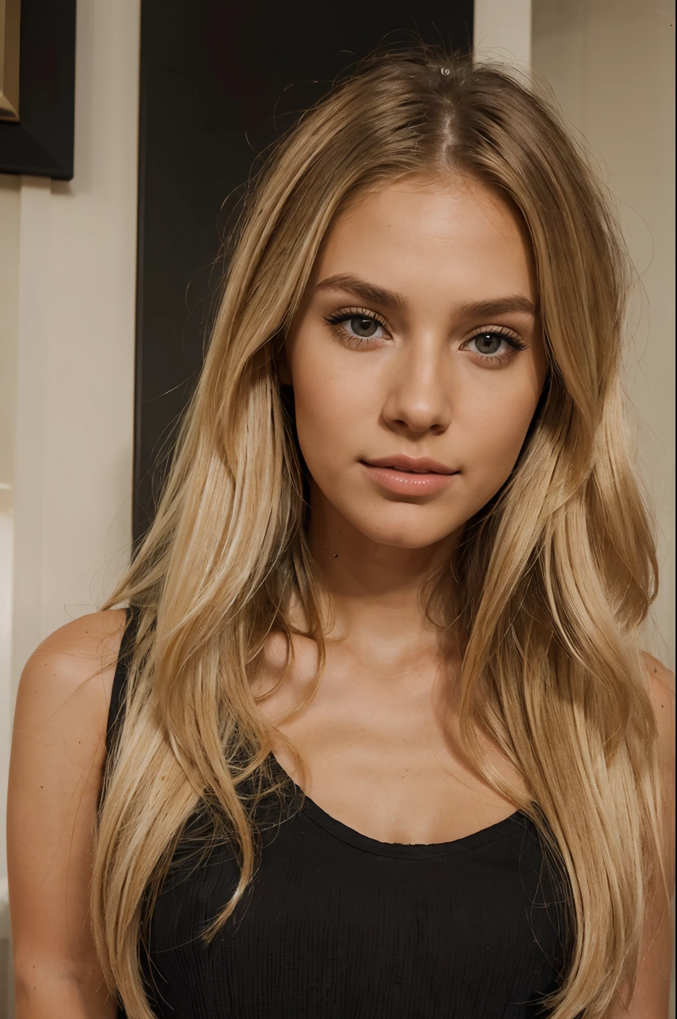 )(american girl) (realistic) (skinny) (in luxury modern apartment) (dirty blonde hair) (super cute face) (photo realism) (beautiful) (model) (instagram picture) (80mm) (black top)