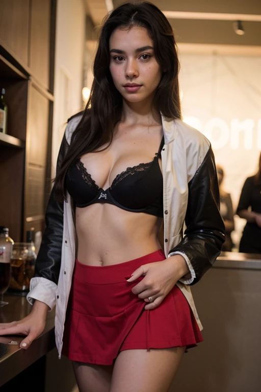 20-year-old girl, tall brunette schoolgirl, Latin facial features, long black hair, good body, wearing a short red skirt and jacket, black bras, white jacket in the nightclub 