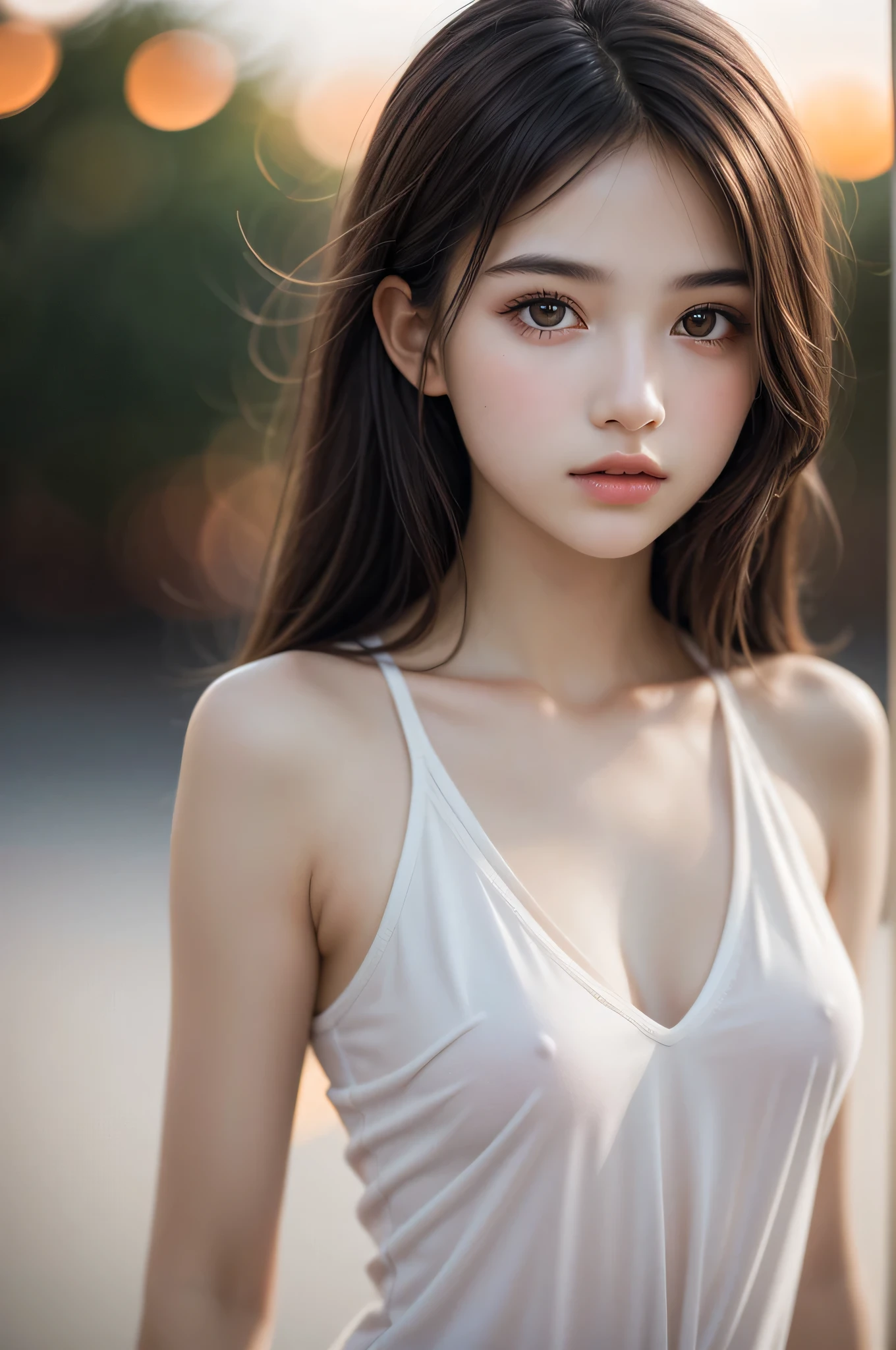 (best quality), (ultra-detailed), (llustration), (detailed light), (an extremely delicate and beautiful), ung girl, brown hair, brown eyes, model, bare shoulders, best quality, extremely detailed CG unified 8k wallpaper, High-definition raw color photos, professional photograpy, (((Bokeh))), depth of fields, twilight, sunset,