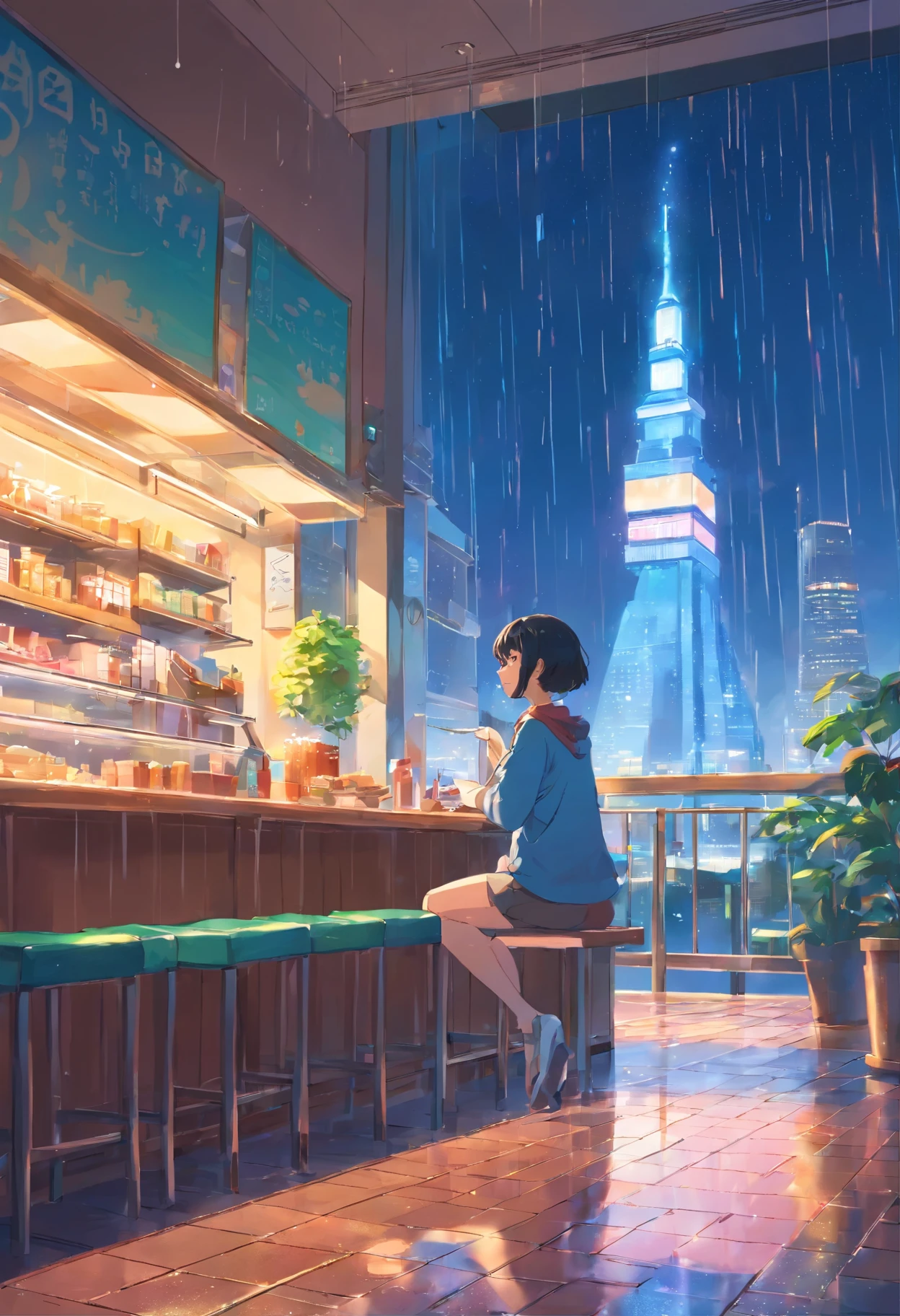 By the window it's raining girl night Cafe beautiful scenery cute polka dots Glitter