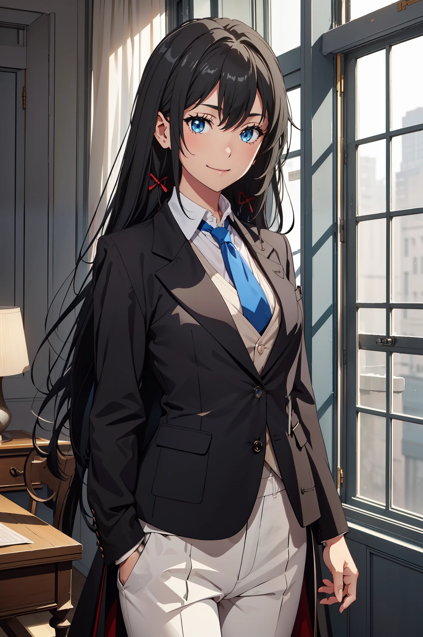 ((best quality)), ((masterpiece)), (detailed) 1girl 1girl, ;\), blurry, blurry_background, breasts, , hair_long , looking_at_viewer, ok_sign, one_eye_closed, open_hand, Yukinoshita Yukino ,Woman wearing formal clothes, An attractive coat stands in a large gap in the room , 1girl, 独奏, blue necktie, Black hair, eyes blue, long hair, smile , collared shirt, white pants, white shirt , Elegantly designed coat , Stand in front of a window ,Perfectly tailored tailcoat. It has a stunning Victorian design and is made of lustrous fabric , soft thighs , full body