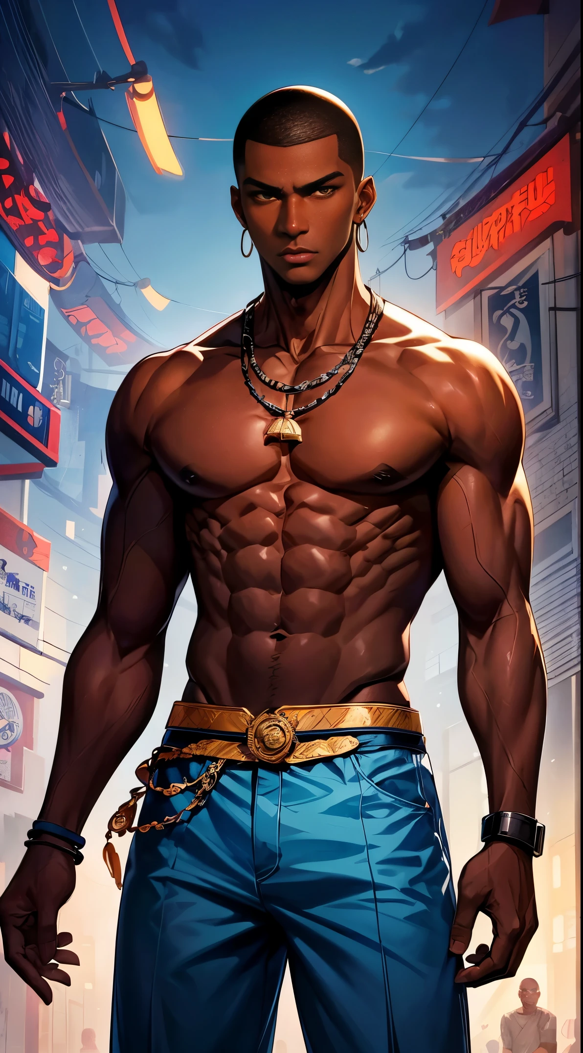 (best quality:1.1),original, 1man,  A handsome man with dark skin, African American man with natural hair, short hair, buzzcut, ebony nose, broad shoulders, tall, dressed in blue casual clothes, cartoon，anime illustrations, style is abstract beauty, Sundaratang, charming character illustrations, folklore  --ar 2:3 --v 6.0 