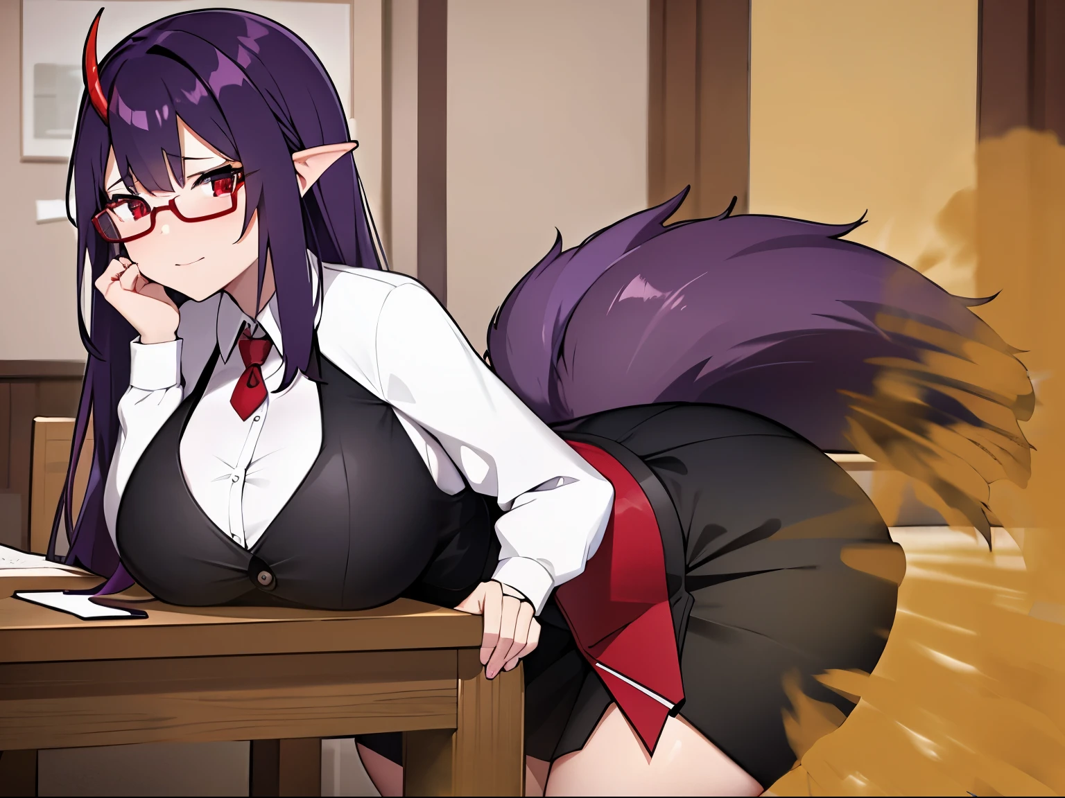 red horn, (black skin), purple hair, (highest quality, masterpiece), sitting, looking at the viewer, hands on the table, Previous table, behind the office, 1 female, neckline, mini skirt, white shirt, big breasts, big thighs, black skin, Glasses, short, black skin, alone,, Are standing, Libra, Dark Red Dragon Horn, dark red dragon tail, Subtle paternal with bright purple hues along the limbs and tail, red eyes