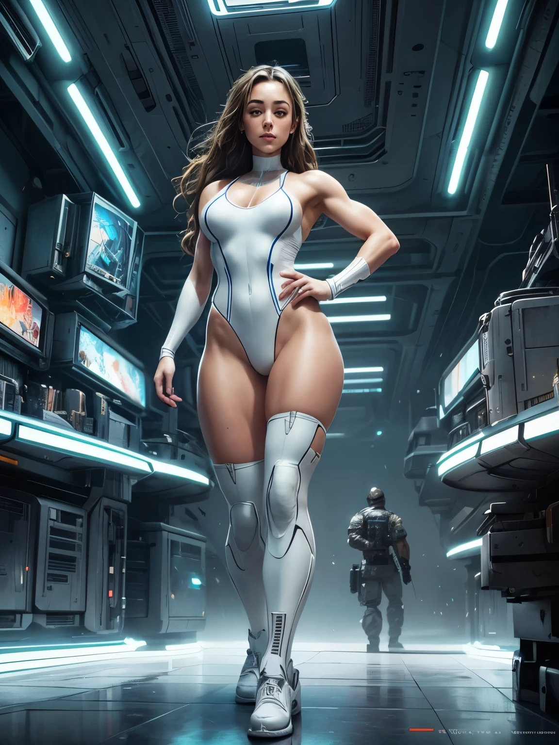 Remy LaCroix, Perfect Face, Perfect body, bodybuilder, White Swinsuit armored cyberpunk, Pretty Features, Spaceship Interior, Wadim Kashin, James Gurney, INK, Splash Art", Royo, Sharp Focus, Emitting Diodes, Smoke, Artillery, Sparks, Racks, SYSTEM Unit, Motherboard, by Pascal Blanche Rutkowski Repin Artstation Hyperrealism Painting Concept ART of Detailed Character Design Matte Painting, 4K Resolution Blade Runner, Mysterious