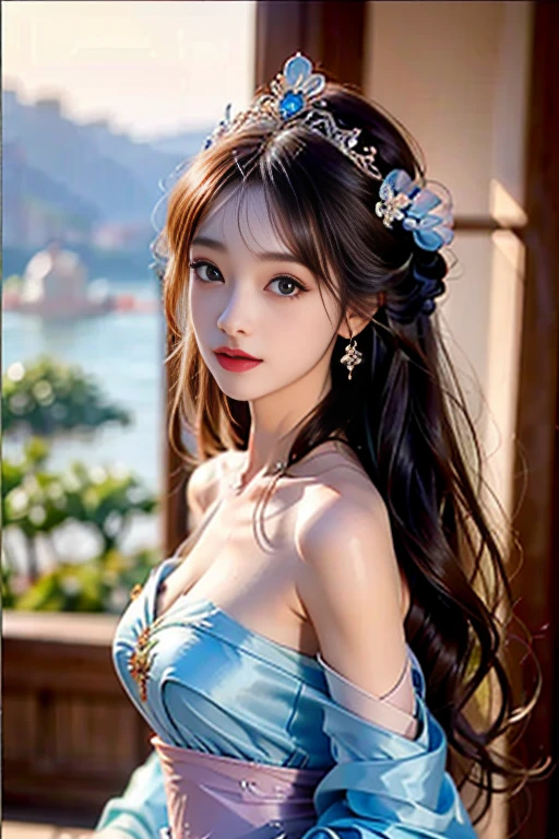 Close-up of a woman in a blue and pink tulle dress, beautiful teenage girl, beautiful fantasy empress, ethereal beauty, beautiful fantasy girl, beautiful goddess, ((beautiful fantasy empress)), fantasy Oriental, dream costume, Sakimi-chan, Japanese goddess, beautiful fantasy, floating costume, palace,girl in Hanfu costume, ethereal fantasy, detailed scene, amazing pose, accessories that eye-catching, beautiful