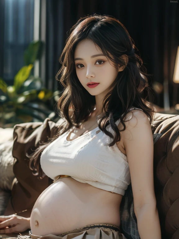 masutepiece,Best Quality,offcial art,extremely detailed CG unified 8k wallpaper, (nffsw:1.4), (Cinematic), (PastelColors, dim colors, Soothing tones:1.3), (Natural Skin Texture, hyperphotorealism, Soft light, sharp),(Extremely detailed), Professional Lighting, Radio City,((1girll,20yr old)), inside bedroom, cold light,Best Quality, Lots of details, masutepiece, Ultra-detailed, Illustration, extremely delicate and beautiful girl, Beautiful detailed eyes,8K_wall-paper,Beautiful detailed girl, looking at viewert, hair messy, Large breasts, ((focus on chest)), ((Sheer white vest, side breasts,areola of breast,High waist pleated skirt,The reveal panties,Camel toes)),Sit sideways on the couch,ssmile,Seen from the side, pregnant, big jiggly pregnant belly, round bouncy pregnant belly, full term pregnant belly