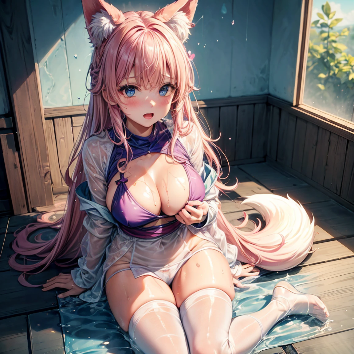 One girl anime styled。girl with。Blue eyes。 in estruig fox Tail。Looking at the camera,fox ear, pink hair, white crop top, fox tail, girl 18 old , utral light, sitting in the bedroom,hair hair, wear pantie, wear dress, salon,Wet and see-through、cute little、blushed、Chest cleavage、thighs thighs thighs thighs、No bra、witheout panties、high-level image quality、Vivid、high detailing、(( breast: 1.2)), ((blush face: 1.3)),((wet clothes:1.5)),wear white legwear,pink bikini,,((peeing:1.5)),((blushing face:1.4), (heart-shaped pupil:1.4), (sweaty:1.5), open months, ((full body))