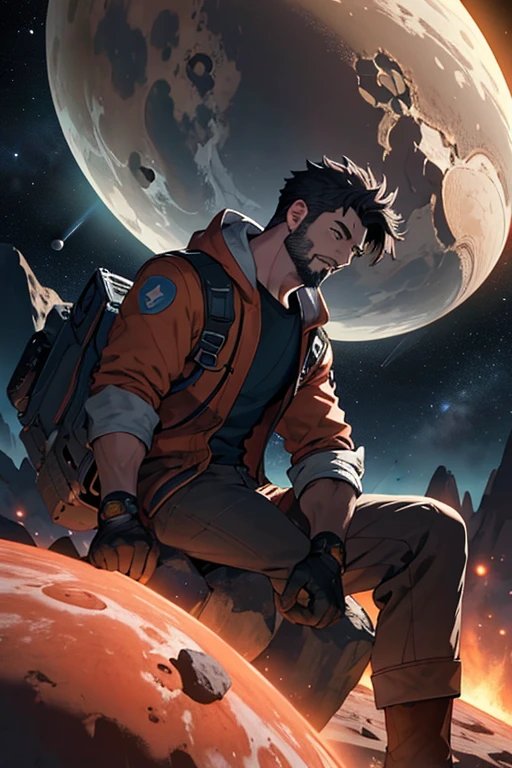 Draw a young programmer, sitting on a research platform floating in the middle of an asteroid belt. He is studying with a notebook, surrounded by several asteroids glowing with fiery auras. Dramatic lighting from distant stars and planets illuminates the scene, casting deep shadows on the suit. The young man looks confident and determined, looking at the vast and mysterious universe with wonder and respect,facial hair, cowboy shot,