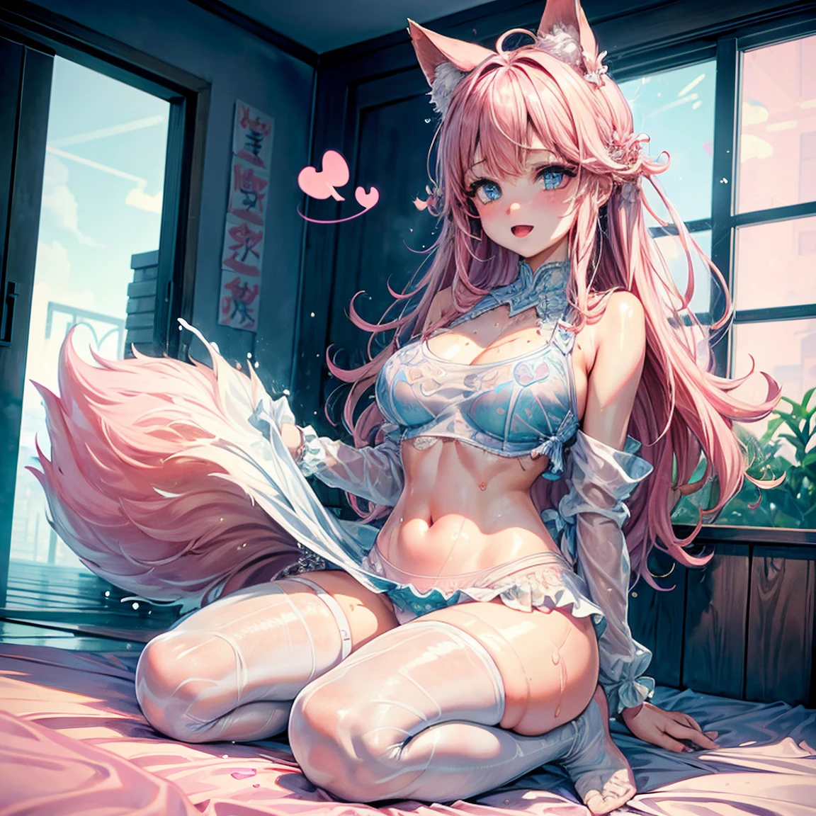One girl anime styled。girl with。Blue eyes。 in estruig fox Tail。Looking at the camera,fox ear, pink hair, white crop top, fox tail, girl 18 old , utral light, sitting in the bedroom,hair hair, wear pantie, wear dress, salon,Wet and see-through、cute little、blushed、Chest cleavage、thighs thighs thighs thighs、No bra、witheout panties、high-level image quality、Vivid、high detailing、(( breast: 1.2)), ((blush face: 1.3)),((wet clothes:1.5)),wear white legwear,pink bikini,,((peeing:1.5)),((blushing face:1.4), (heart-shaped pupil:1.4), (sweaty:1.5), open months, ((full body))
