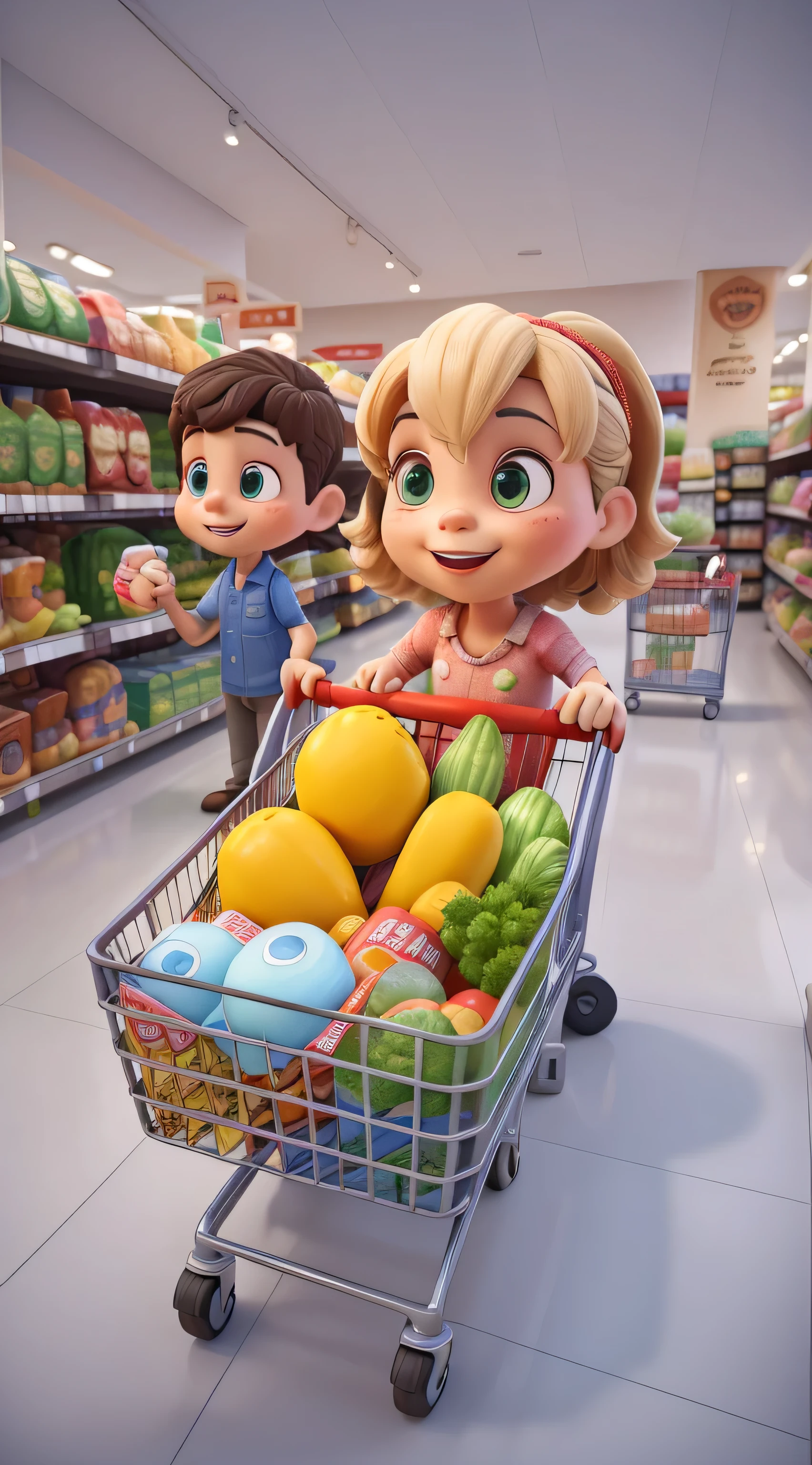 shopping groceries, getting groceries, People shop, Pushing the shopping cart, inside a supermarket, Supermarket shelves full, 3D, toy photos, Lovely 3D rendering, animation stills, shopping cart, cart, stood in a supermarket, animation stills, Promotional renderings, Convenience stores, 3D characters, ((better quality)), ((artwork)), (detailed), perfect face shape