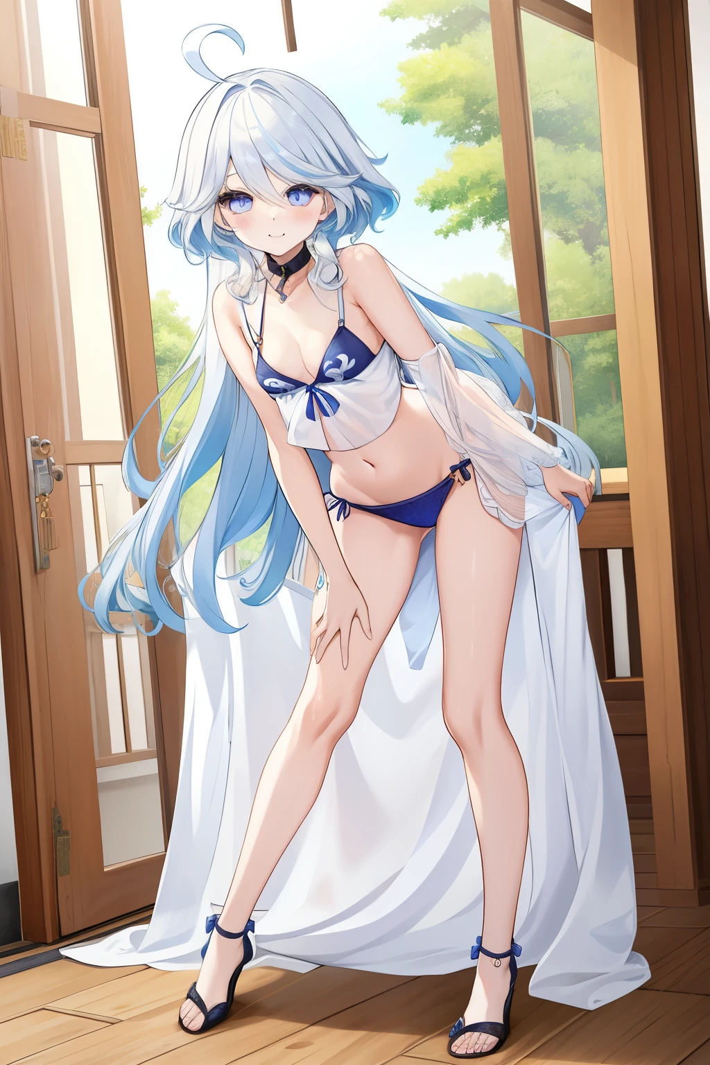 Furina,1girl,solo,long hair,ahoge,blue eyes,white hair,blue hair,bangs, off shoulder, collar bone, cleavage, look at viewer, perfect fingers, bikini, 女の子 1 人、((Blue Sleeveless Mini Cheongsam))、cute little、(Kpop Idle)、(Charming Monkey:1)、(Platinum Blonde Hair:1)、((Puffy eyes))、Looking for the observer side、full body Esbian、facing the front there