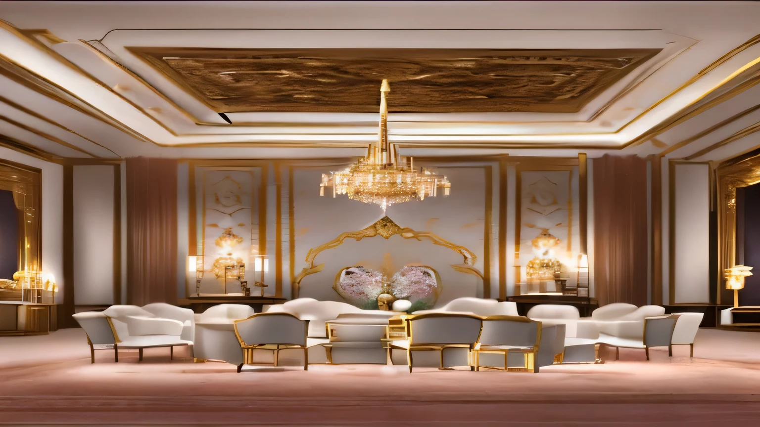 Equipped with a table、Arafad room with chairs and chandelier, Luxurious environment, Gorgeous restaurant, Elegant and gorgeous, enchanted surroundings, royal interior, Gorgeous and elegant, neoclassicism style, in a grand ornate room, islamic interior design, Gorgeously decorated, luxury wedding, Gorgeous gold accents, neoclassicism style, Gold and luxurious materials, ball room