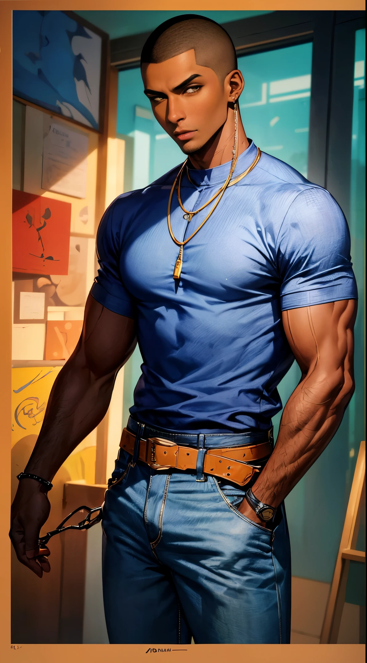 (best quality:1.1),original, 1man, A handsome man with dark skin, African American man with natural hair, short hair, buzzcut, ebony nose, broad shoulders, tall, dressed in blue urban clothes and demin jeans, cartoon,anime illustrations, style is abstract beauty, Sundaratang, charming character illustrations, folklore --ar 2:3 --v 6.0