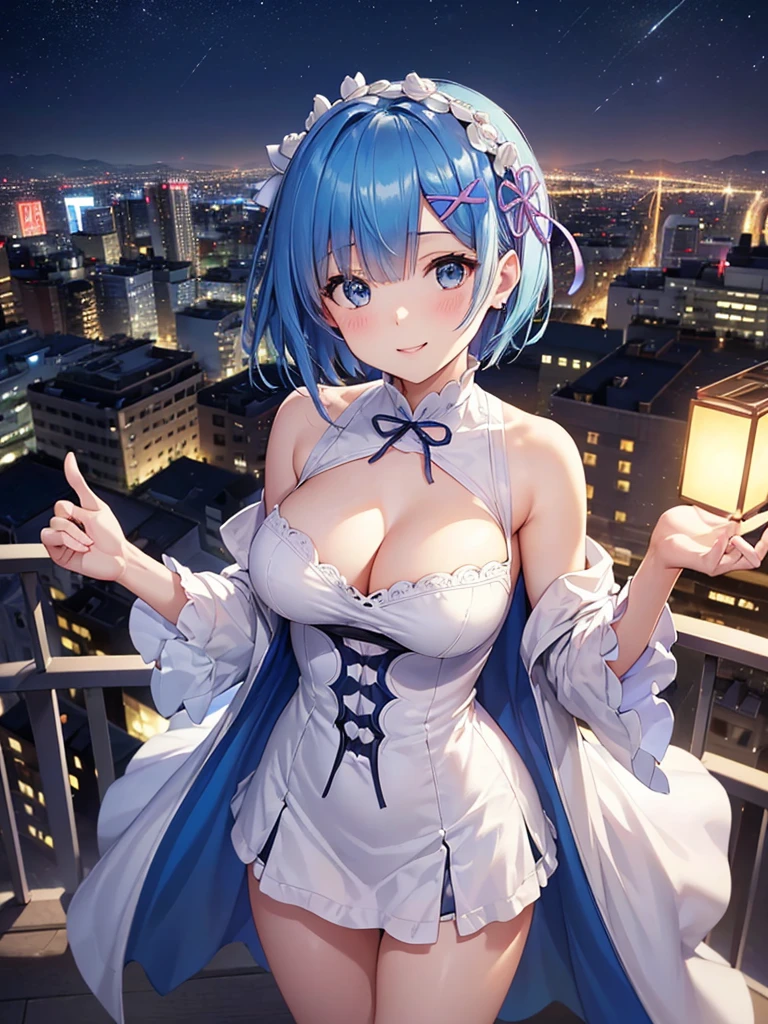 ((highest quality, 8K, masterpiece)),Rem(Re:zero),Thumbs up(👍️)nice,Good Signs,Close ~ eyes,happy smile,sharp focus: 1.2, cute beautiful woman with perfect body: 1.4, slim big breasts: 1.2, ((blue hair,short hair, big breasts: 1.2)),smile,happiness,後Light,Light , (small transparent dress, half naked, highly detailed chest, happinessな表情, Are standing: 1.2,mini skirt,cleavage), ((city night view, Balcony Simple: 1.3 Making of a woman)), Highly detailed face and skin texture, fine eyes,