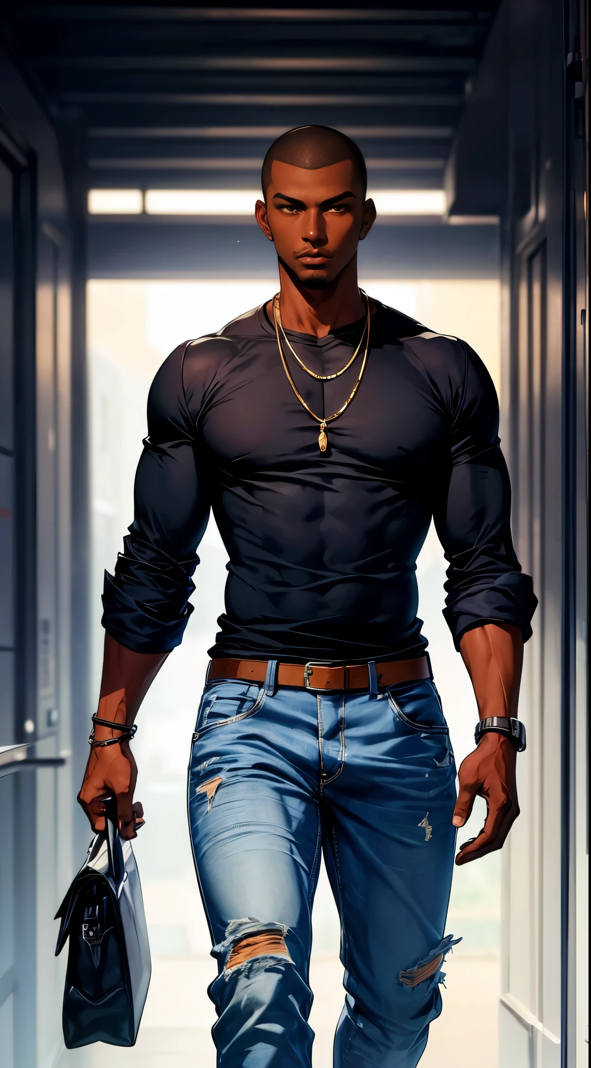 (best quality:1.1),original, 1man,  A handsome man with dark skin, African American man with natural hair, short hair, buzzcut, ebony nose, broad shoulders, tall, dressed in blue urban clothes and demin jeans, cartoon，anime illustrations, style is abstract beauty, Sundaratang, charming character illustrations, folklore  --ar 2:3 --v 6.0 