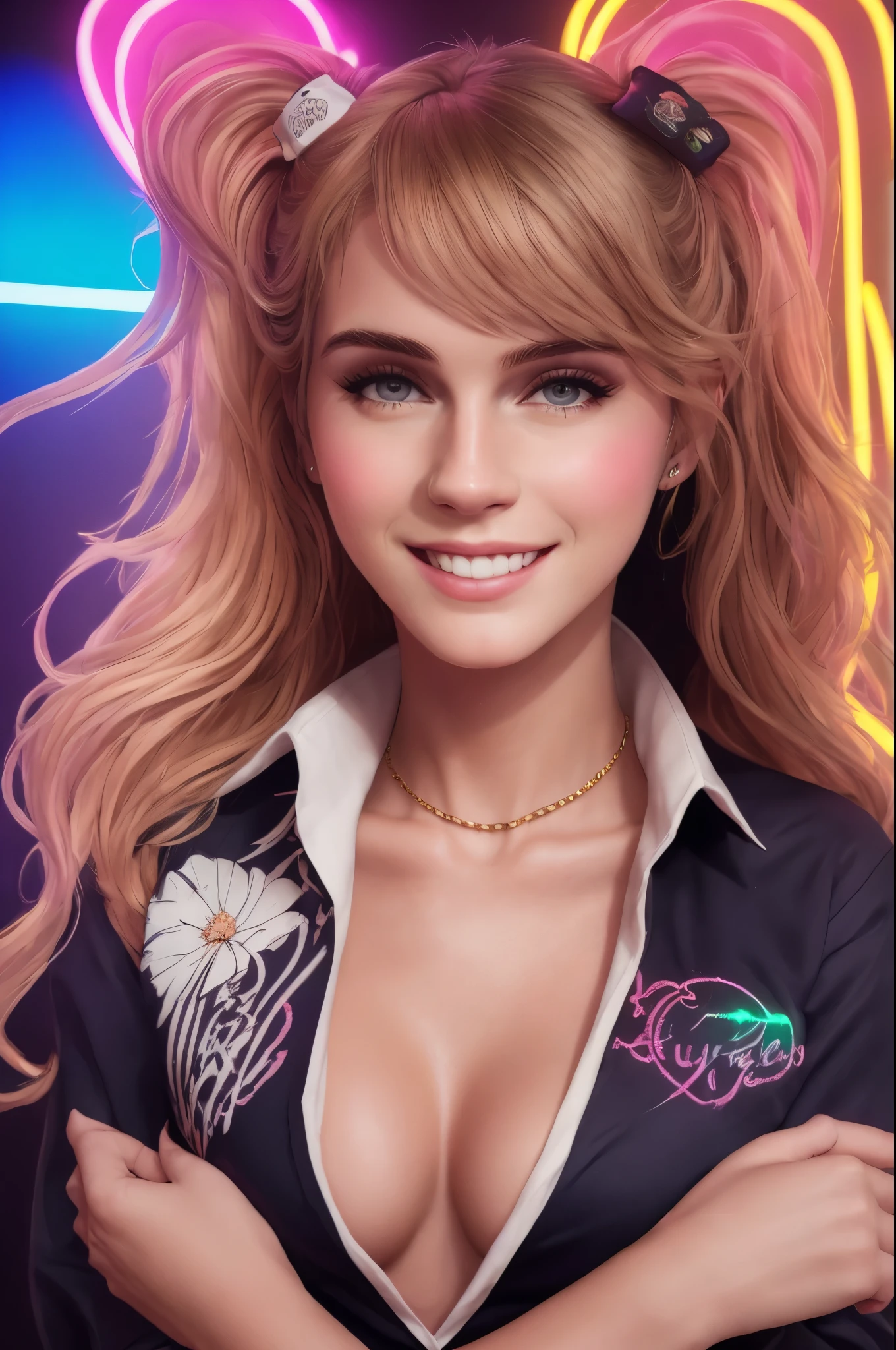 analog style, woman, (neon lights:1.1), glowing colors, (thepit bimbo:0.5), glossy, ,

[Lana Del Rey|Emma Watson],, looking at viewer, naughty smile,  symmetric, centered, closeup, extreme closeup, upper body, cleavage focus,
milf, feminine, athletic, fit, high, tan skin, european, minidress, excited, smile, glowsticks,  disco,
gold outline,
[(colorful explosion psychedelic paint colors:1.1)::0.125],
iridescent, chromatic aberration, studio lights, bright light, glowing skin,
realistic body proportions, realistic, photo-realistic, 8k, highly detailed,
led light, laser lights,fruit-flavored