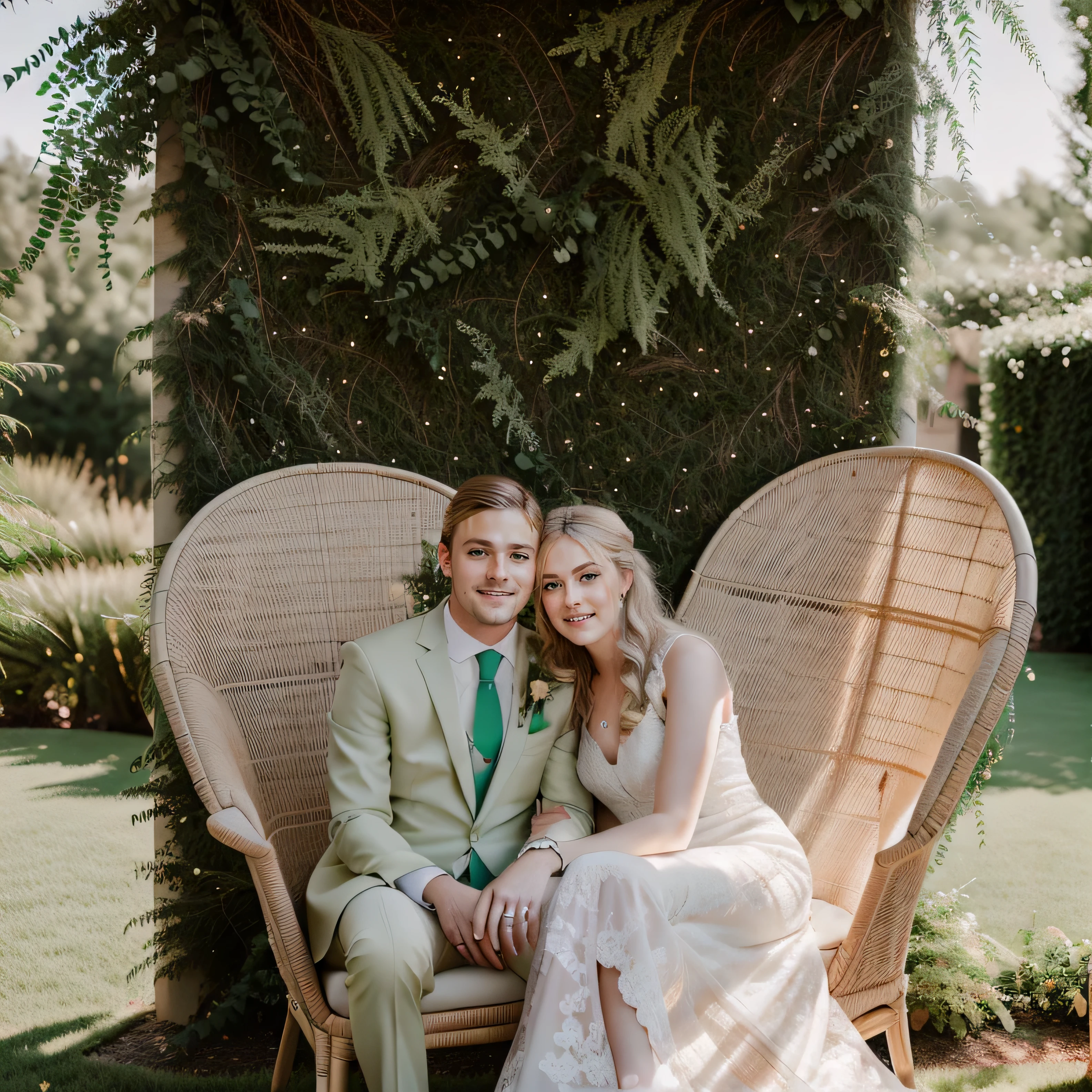 Bride and groom sitting on wicker chairs together,Behind is the green wall,Outdoor wedding scene