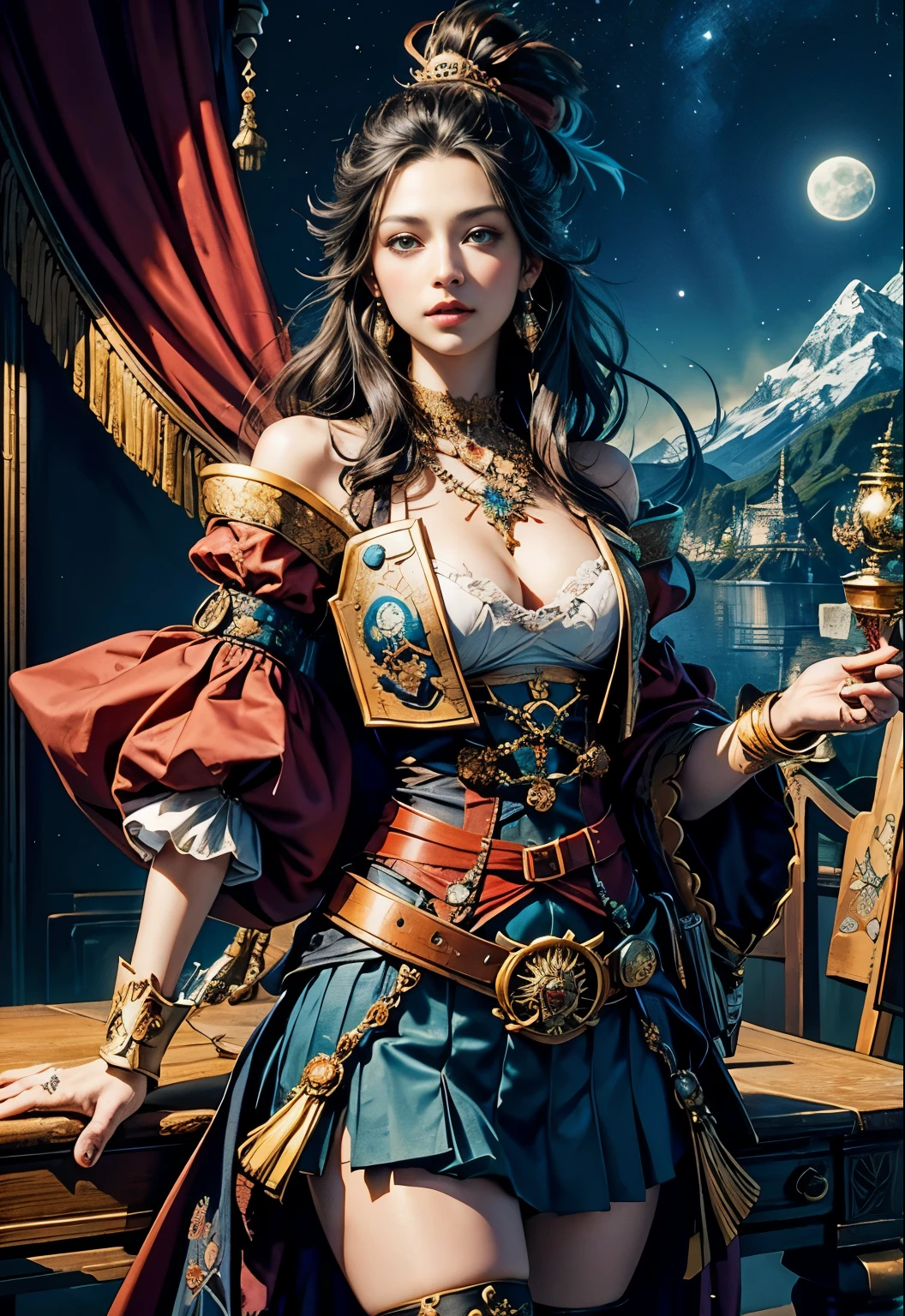 (table top, highest qualityの, highest quality, Pirate Empress, beautiful and aesthetic:1.2), (1 female), very detailed,(fractal art:1.3),colorful,best details, she has straight black hair and blue eyes, There is a full moon in the background, she is the leader of the pirates
