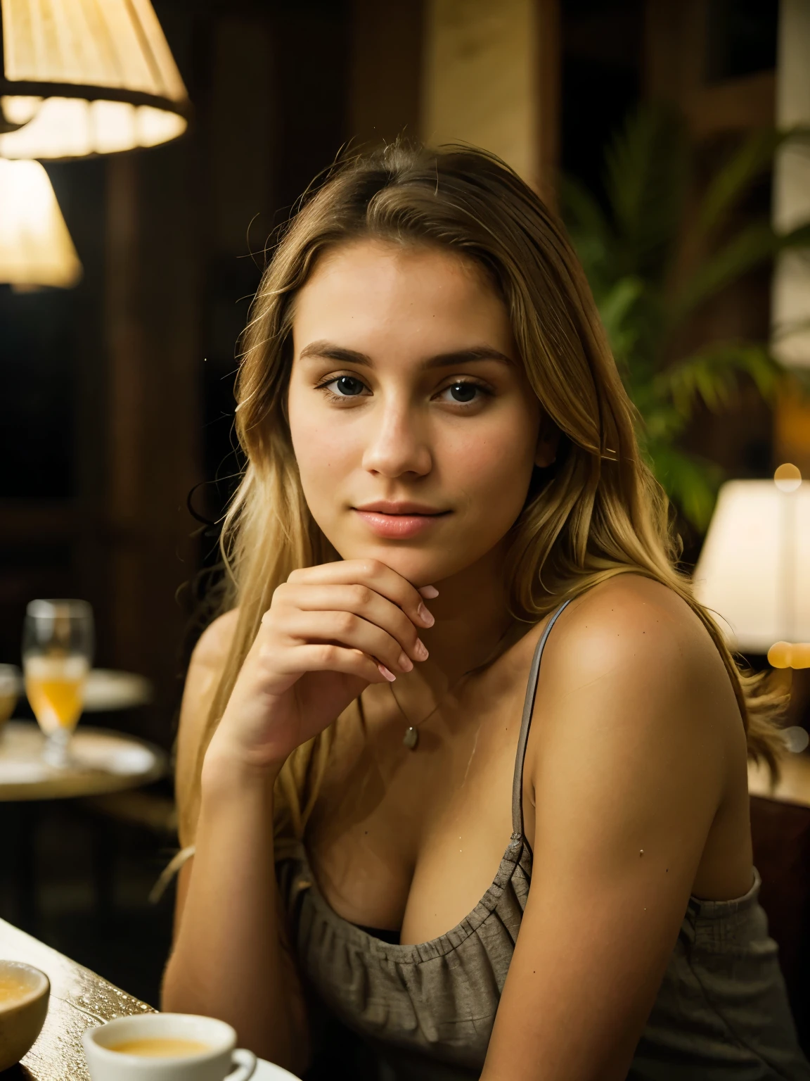 sitting in cafe bali, drink young coconut, brown dress, 25 year old French woman, blond long hair, brown dress, drink young coconut, sharp focus, cinematic, imperfect skin, Fabrics, Textures, early morning, blonde hair and striking blue eyes, a very fine nose. big lips, Very seductive and captivating, Deep photo, depth of field, Ferrania P30 Film, shadow, Perfect face and body, low light, Nervous, Camera flash photo, washed out film, desaturated, 35mm photo, grainy, Kodachrome, Lomography, very detailed