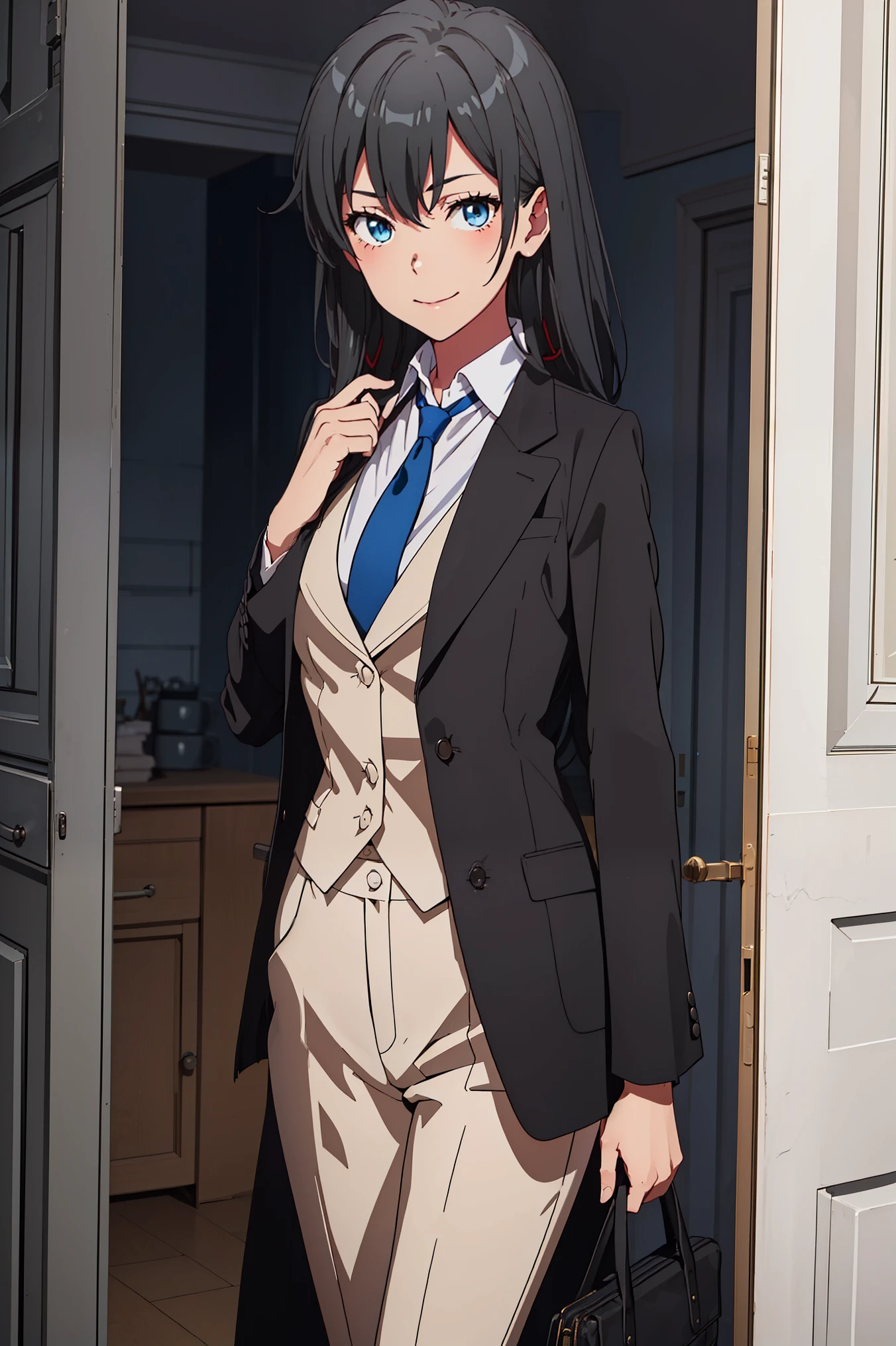 ((best quality)), ((masterpiece)), (detailed) 1girl 1girl, ;\), blurry, blurry_background, breasts, , hair_long , looking_at_viewer, ok_sign, one_eye_closed, open_hand, Yukinoshita Yukino ,Woman wearing formal clothes, An attractive coat stands in a large gap in the room , 1girl, 独奏, blue necktie, Black hair, eyes blue, long hair, smile , collared shirt, white pants, white shirt , Elegantly designed coat , Stand in front of a window ,Perfectly tailored tailcoat. It has a stunning Victorian design and is made of lustrous fabric , soft thighs , full body